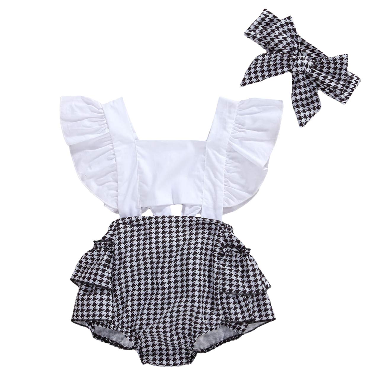 Mubineo Newborn Baby Girl Outfit Set - 2PCS Houndstooth Romper & Headband | Soft Cotton Infant Clothes for 0-3 Months | Perfect for Photo Shoots, Family Gatherings & Special Occasions