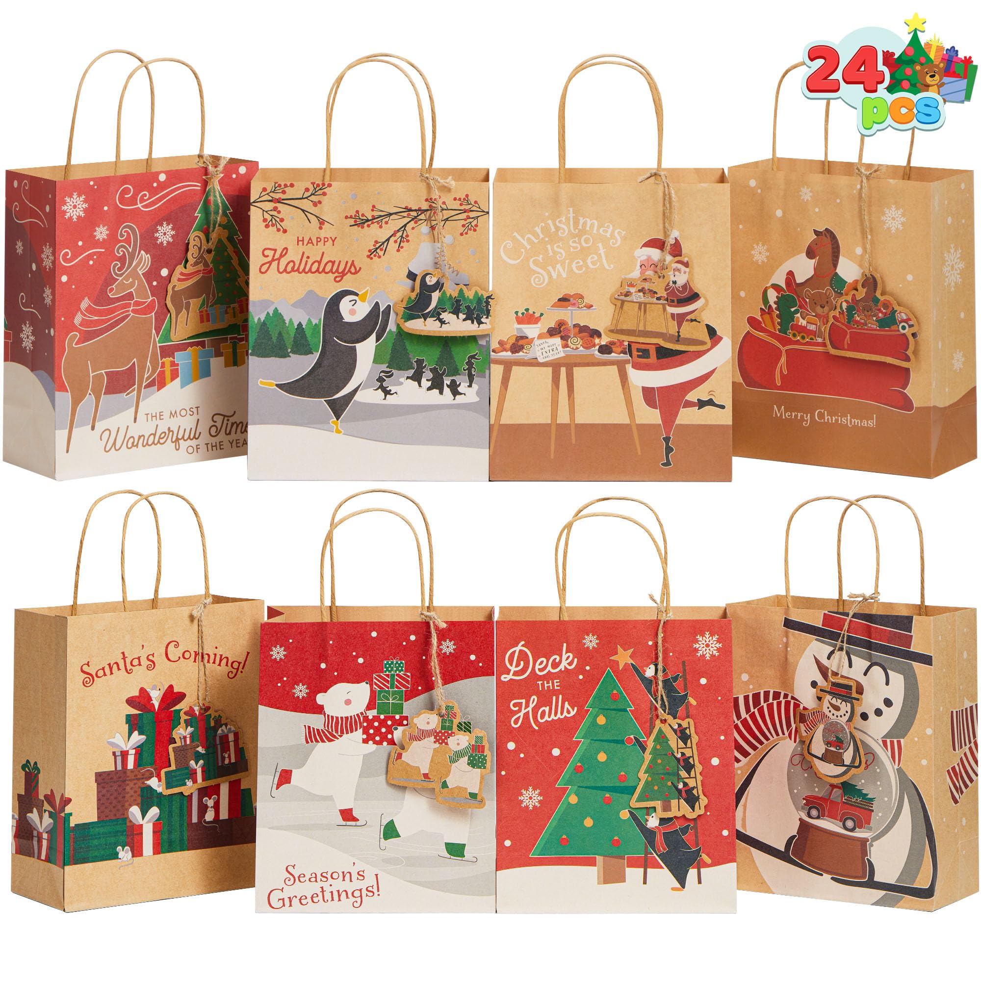 JOYIN 24 PCS Kraft Gift Bags with Handles & Tags for Christmas Party Favors
