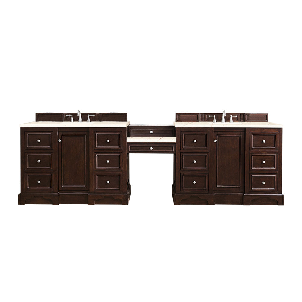 De Soto 118 Double Vanity Set with Makeup Table - Burnished Mahogany Finish & 3CM Eternal Marfil Quartz Top | Bathroom Vanity for Master Bath, Guest Bath & Powder Room