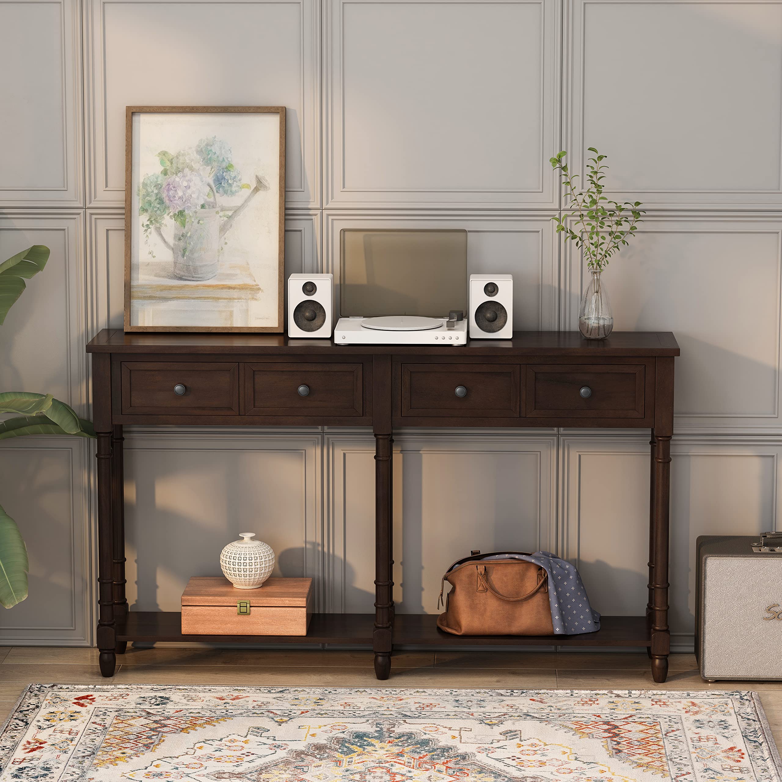 Modern Espresso Console Table with 2 Storage Drawers & Bottom Shelf - Easy Assembly Sofa Table for Living Room, Entryway, Hallway - Perfect for Home Decor & Small Space Organization