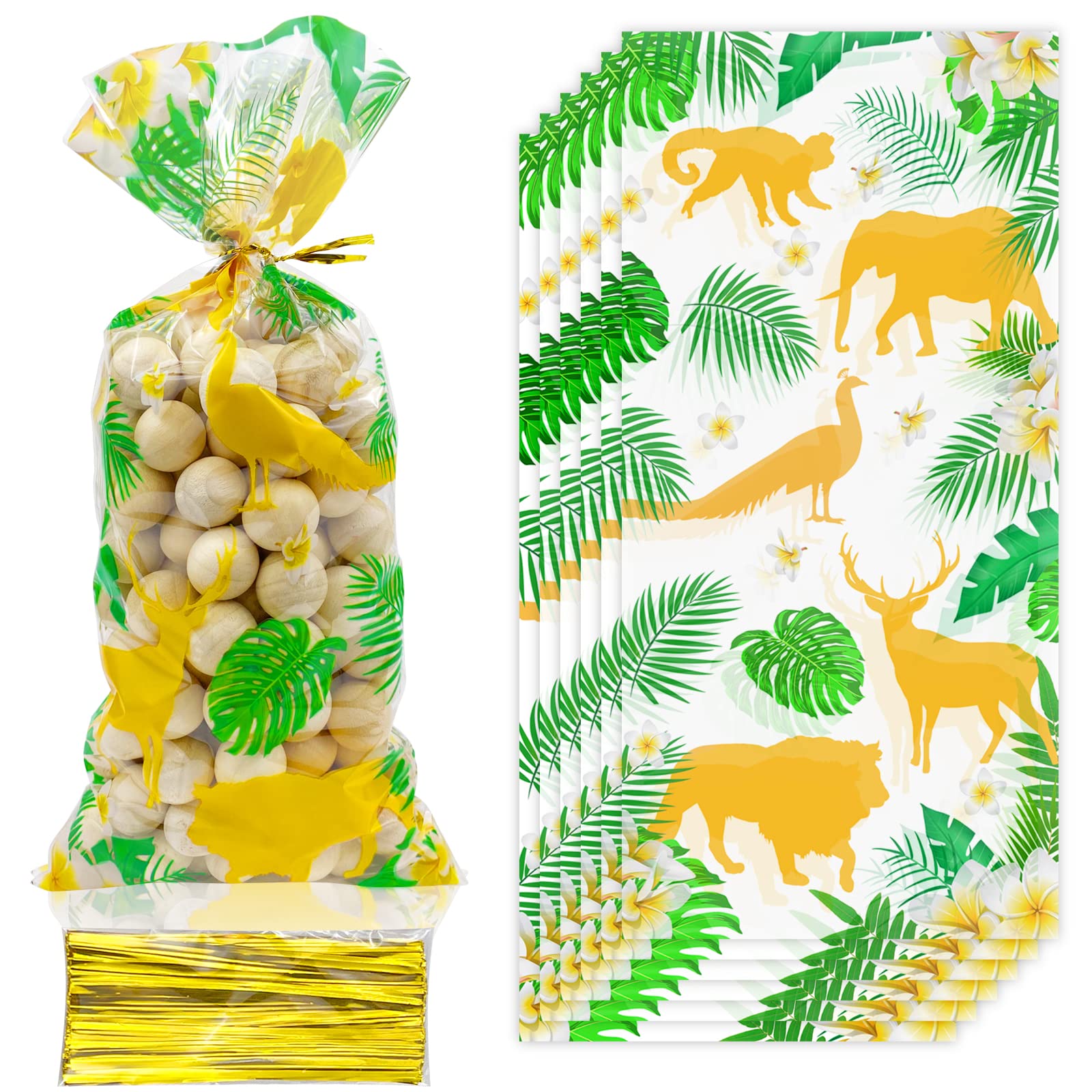 Bnsikun 100Pcs Hawaiian Luau Cellophane Treat Bags - Tropical Jungle Animal Gift Bags, Plastic Goodie Bags for Safari Theme Party, Birthday, Baby Shower & Hawaiian Luau Supplies - Perfect for Jungle Decorations, Party Favors and Tropical Celebration Events