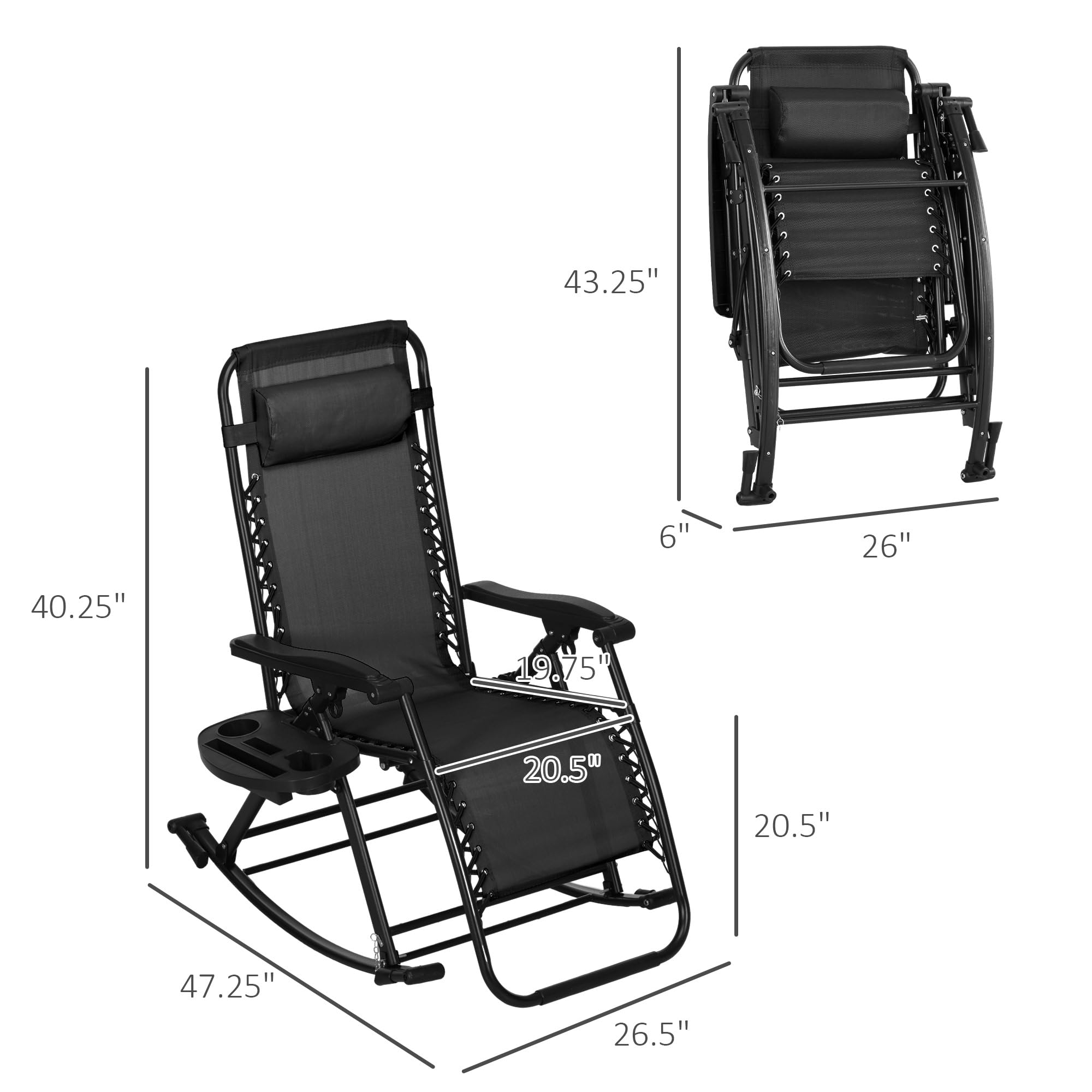 Outsunny 2-Pack Foldable Zero Gravity Reclining Rocking Chairs with Pillow, Cup Holder & Phone Pocket - Patio, Poolside & Backyard Lounge Chairs for Relaxing Outdoors