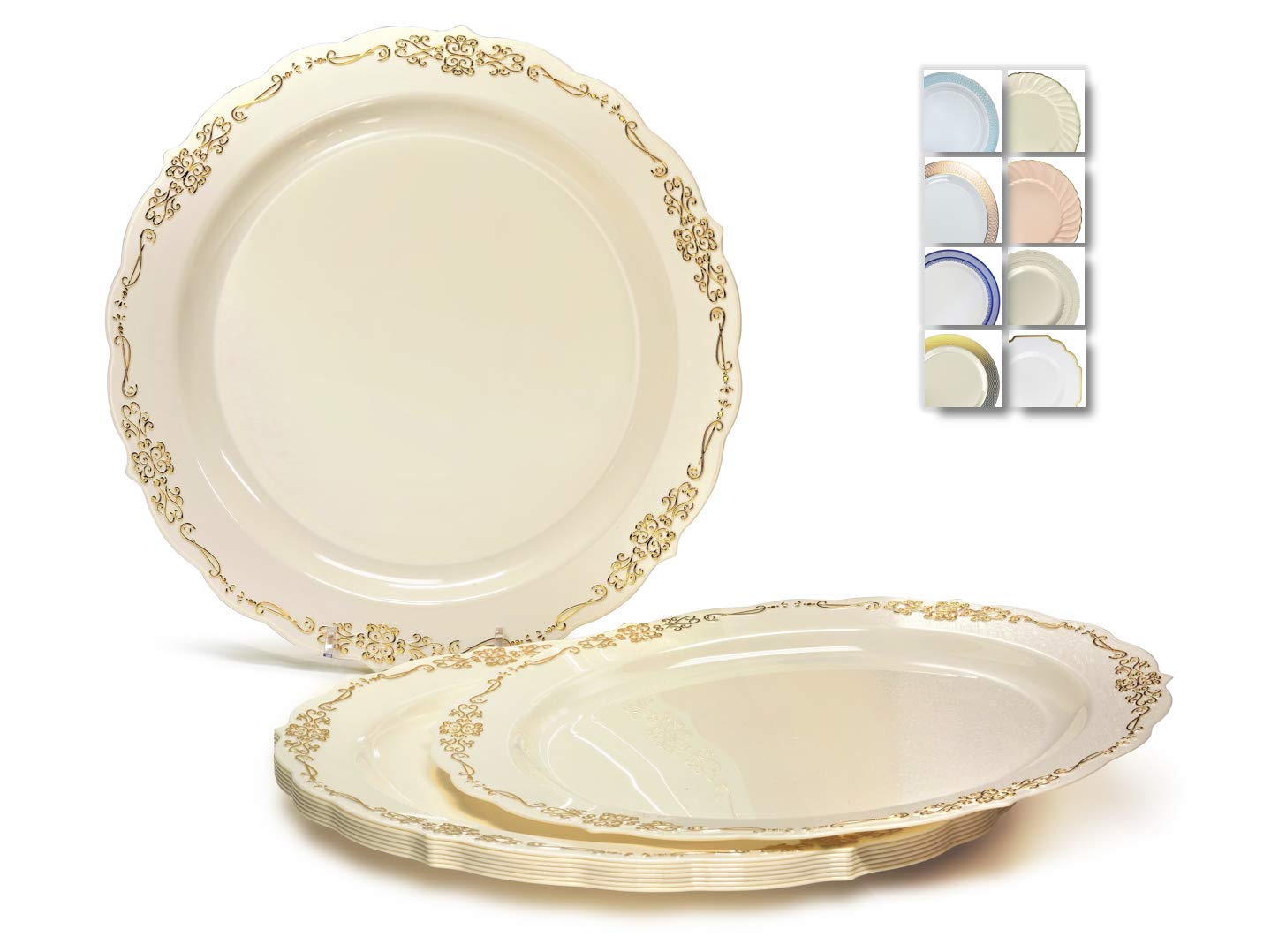 60-Pack Disposable Plastic Plates for Weddings & Parties - 10'' Ivory & Gold Verona Design Dinner Plates - Elegant Tableware for Bridal Showers, Baby Showers & Special Events