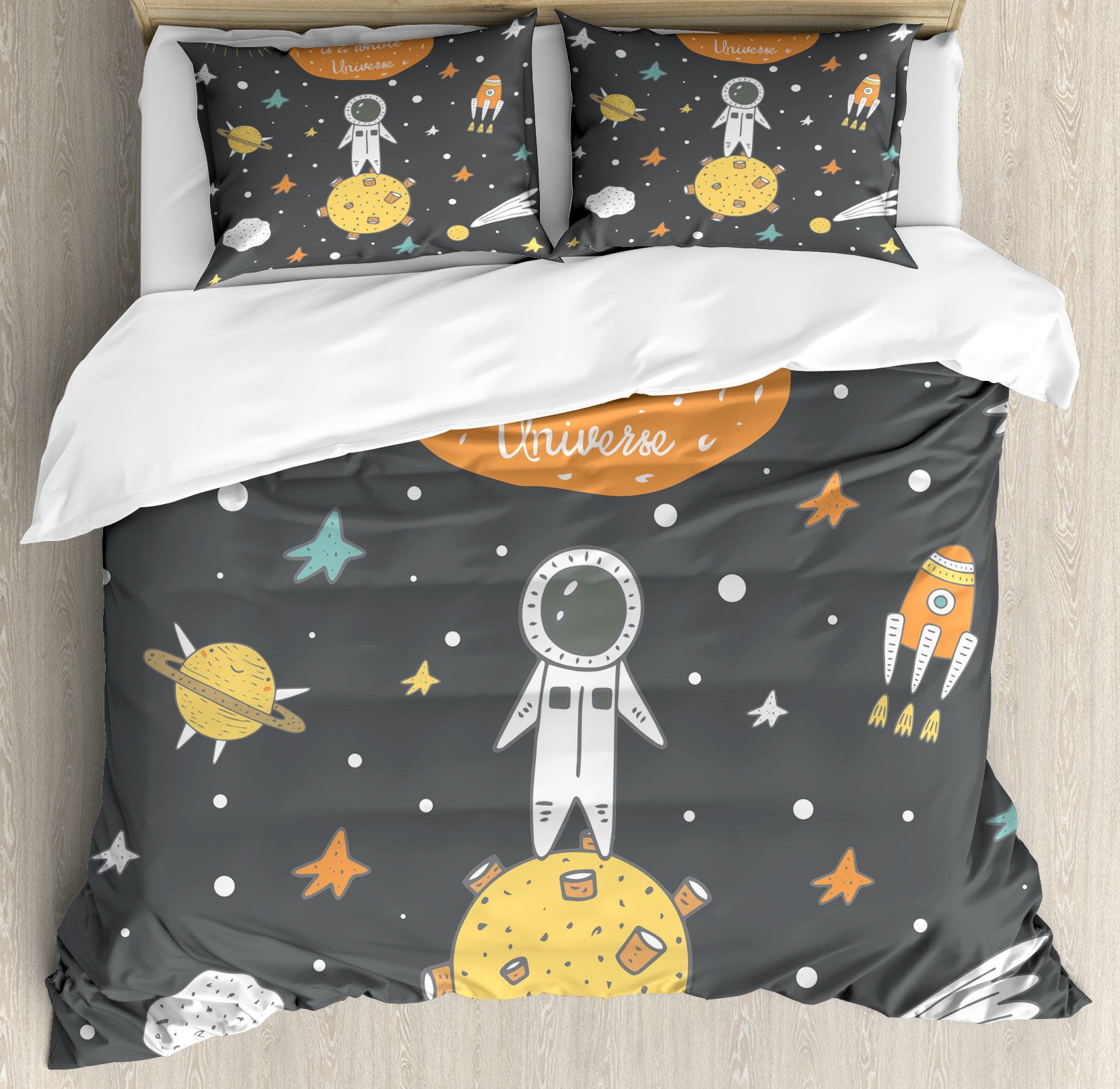 Ambesonne Outer Space Duvet Cover Set | Astronaut, Alien Planets & Spaceship Design | 3-Piece King Size Bedding Set with 2 Pillow Shams | Colorful Doodle Style | Perfect for Kids' Rooms, Space-Themed Bedrooms & Sci-Fi Decor