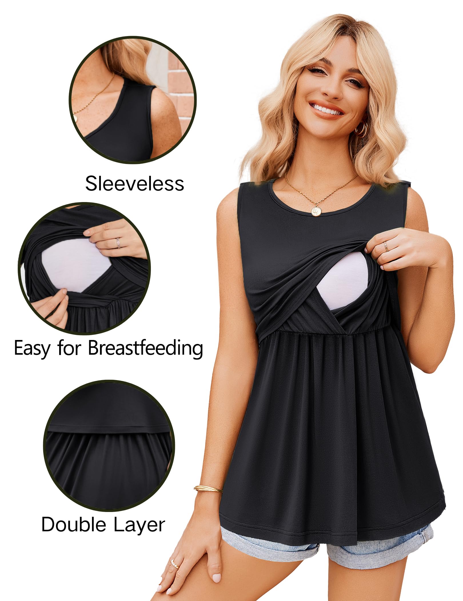 Ekouaer Women's Maternity Nursing Tank Tops - 3 Pack Sleeveless Breastfeeding Shirts with Double Layer for Pregnancy & Nursing | Soft Comfortable Nursing Clothes for Daily Wear, Workout and Mother-Baby Bonding Time