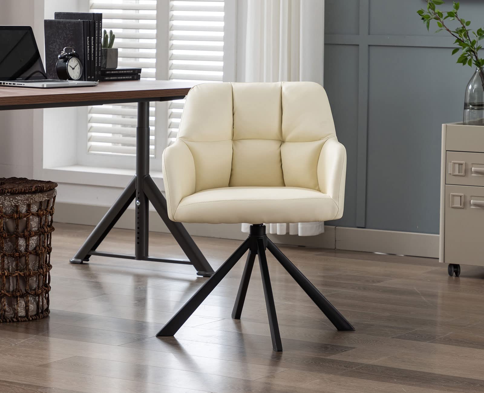 Shunzhi Ergonomic Swivel Desk Chair - PU Leather Accent Chair Without Wheels, Mid-Back Computer Task Chair with Arms for Small Spaces, Upholstered Reading Vanity Chair for Home Office, Living Room & Bedroom (Beige) - Perfect for Working, Studying & Relaxing