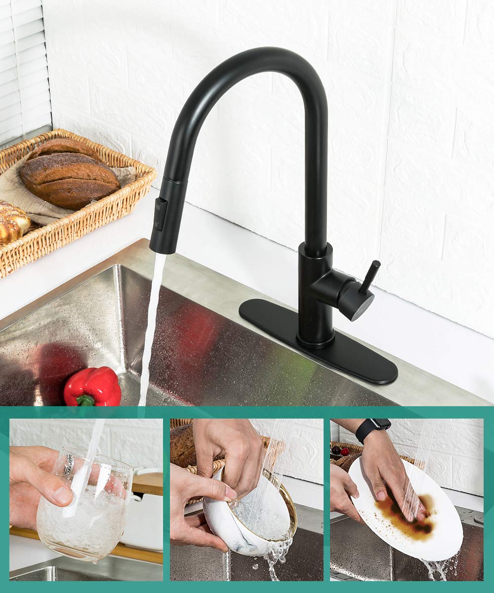 Premium Commercial Matte Black Stainless Steel Kitchen Faucet with Pull-Out Sprayer - High Arc Single Handle RV Sink Faucet with Deck Plate - Ideal for Modern Kitchens, Restaurants & Campers