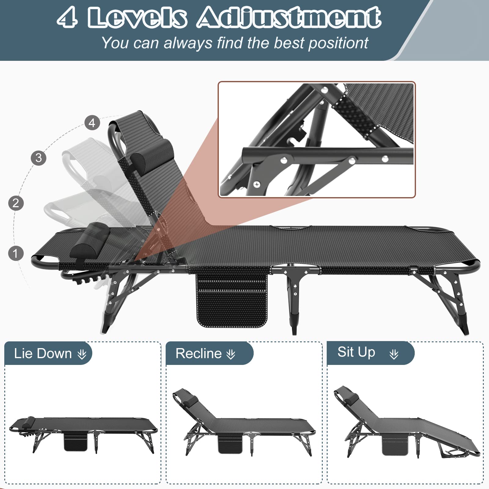 ABORON Heavy Duty Folding Lounge Chair for Outdoor - 500lb Capacity Portable Cot for Adults, Beach Poolside Sunbathing, Camping & Patio Relaxation - Sturdy Foldable Sleeping Bed for Heavy People