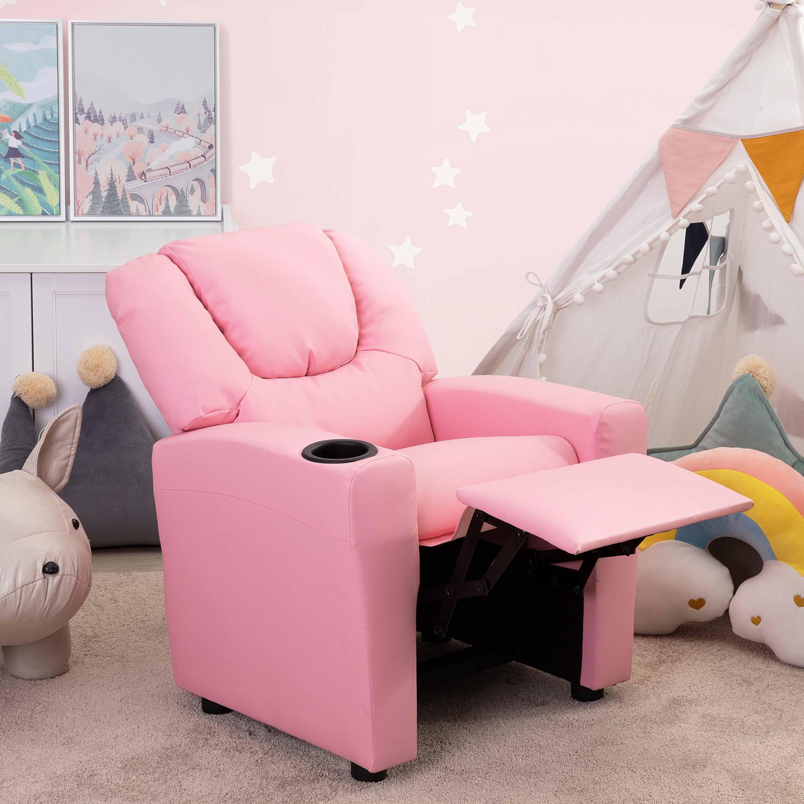 Naomi Home Suri Push Back Kids Recliner Chair with Footrest & Cup Holders - Toddler Recliner for Boys & Girls Ages 3+ (Pink) - Perfect for Playrooms, Bedrooms & TV Time - Durable PVC Kids Furniture for Relaxing & Snacking