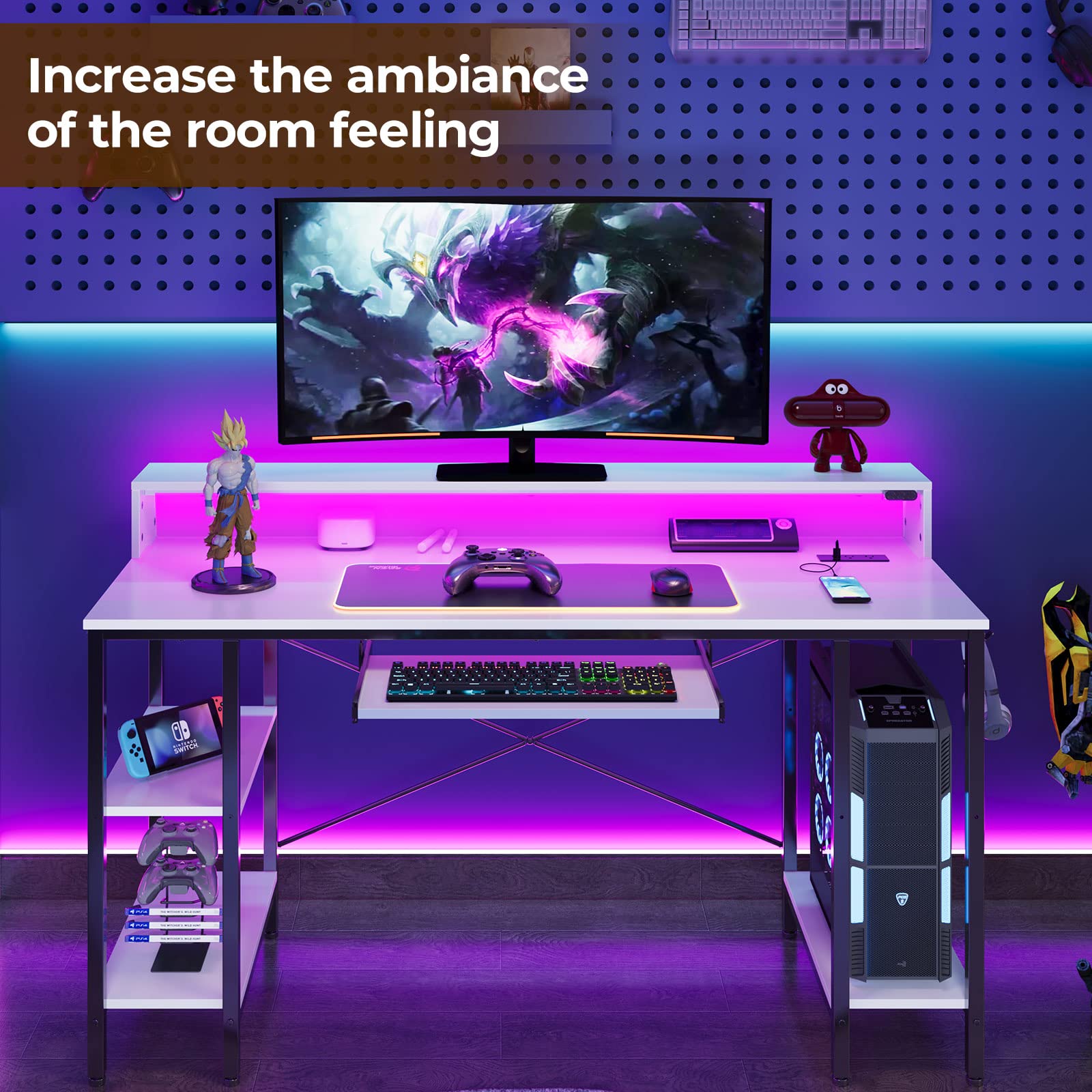 Rolanstar 54-inch LED Gaming Desk with Power Outlets, Storage Shelves & Keyboard Tray - Modern Home Office Computer Desk with Monitor Stand, White | Perfect for Gaming Setup, Remote Work & Study Space