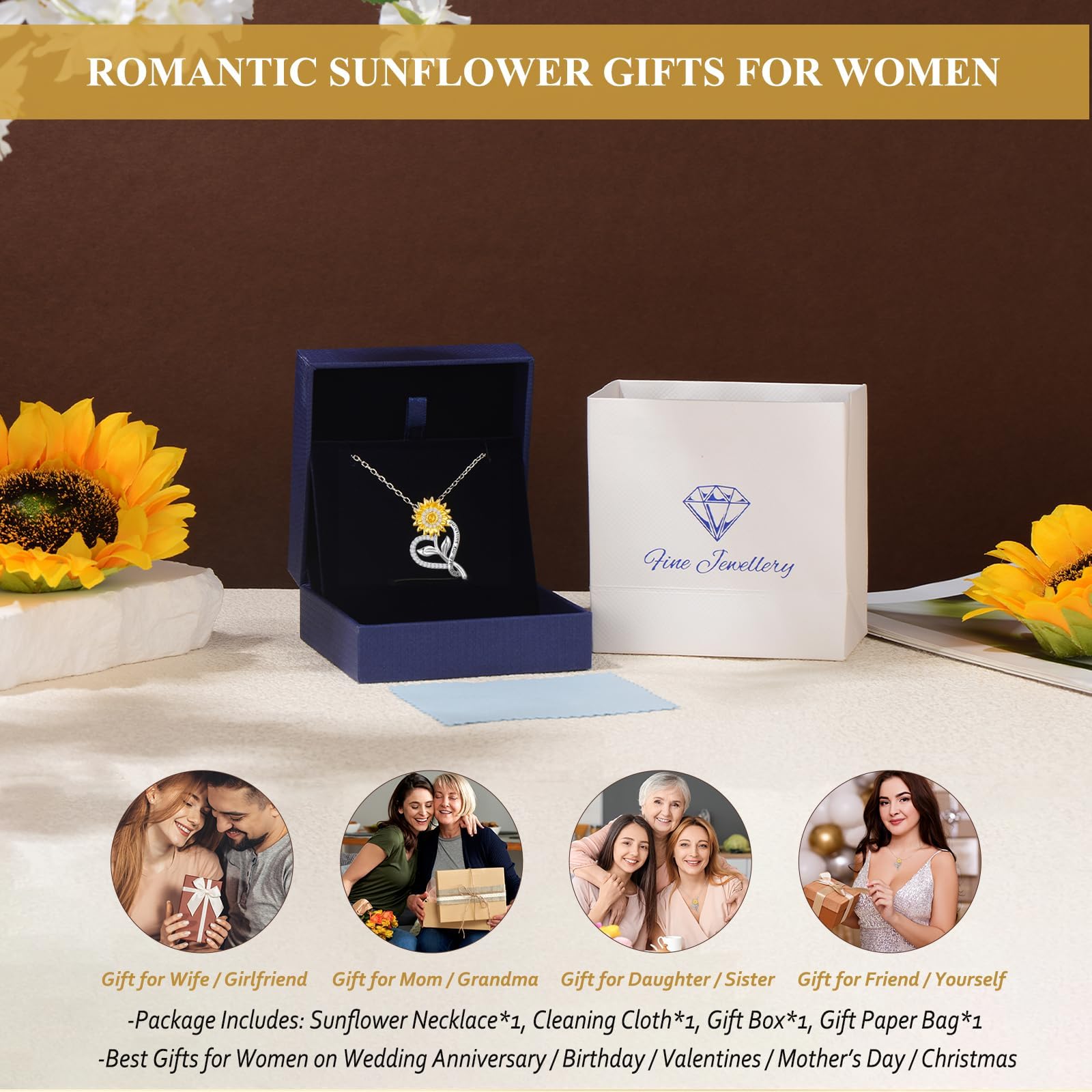 18K Gold Plated Sunflower Necklace for Women - Elegant Anniversary, Birthday & Valentine's Day Gift for Wife, Girlfriend, Mom, Daughter, Sister & Friend - 