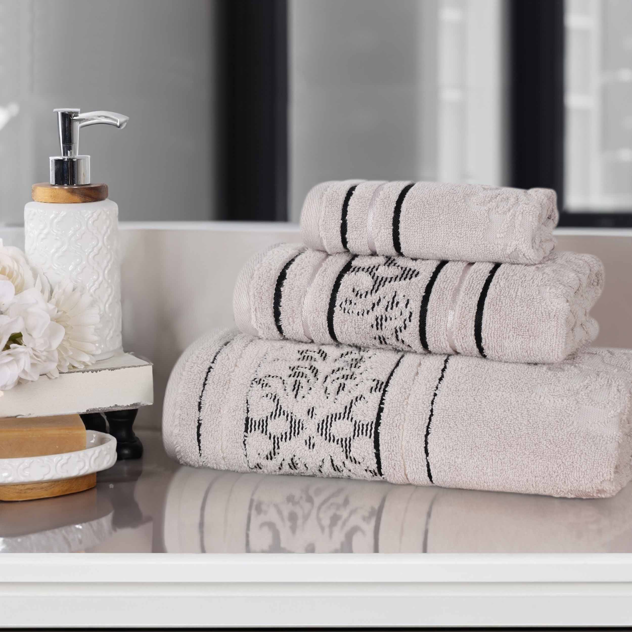 Premium Sadie Zero Twist Cotton 3-Piece Jacquard Towel Set with Elegant Floral Design - Soft Bath Towels for Spa, Guest Bathroom & Luxury Home Decor