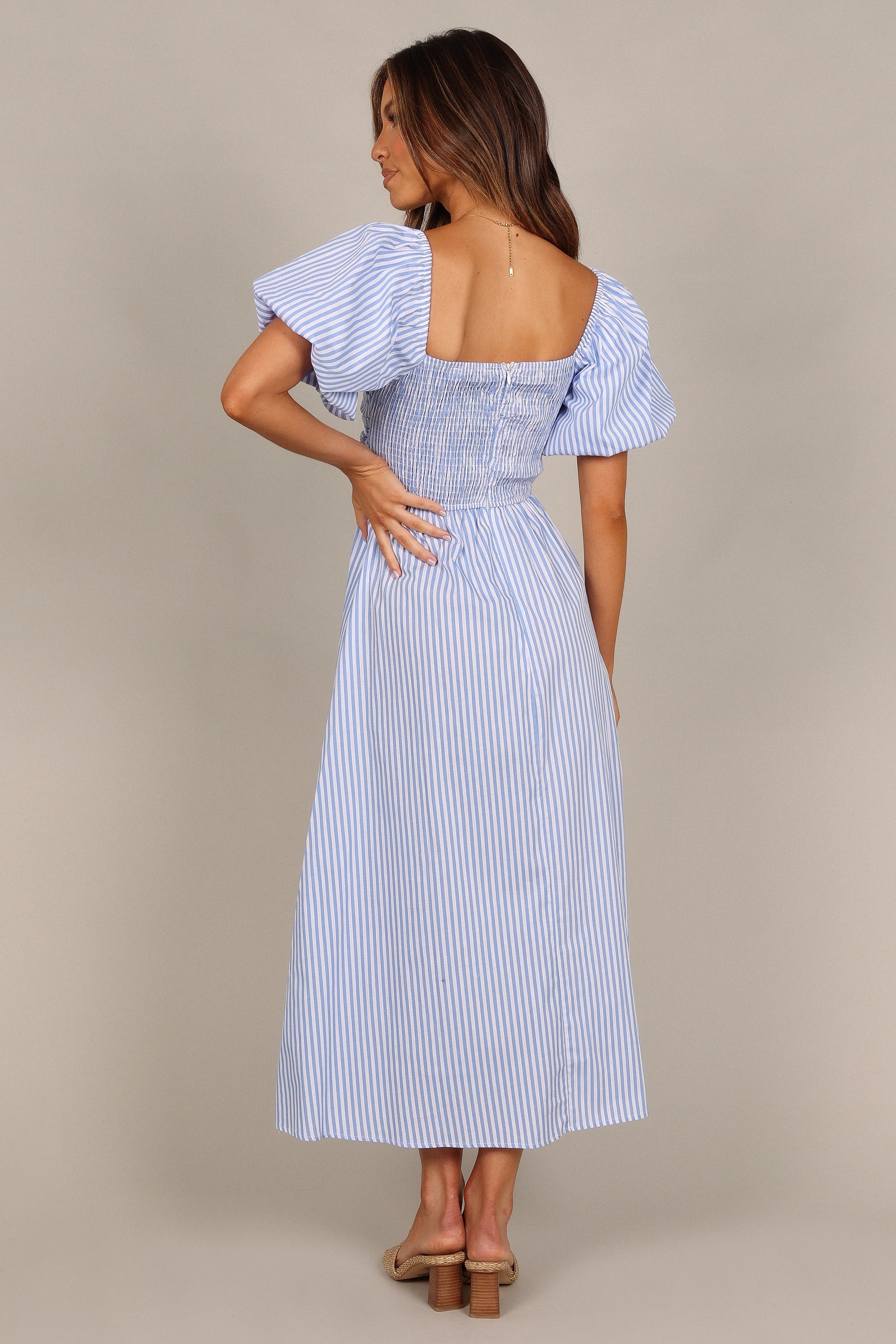 Stylish Blue Stripe Clo Puff Sleeve Midi Dress for Women | Flattering A-Line Summer Dress | Perfect for Beach Vacations, Date Nights & Office Wear