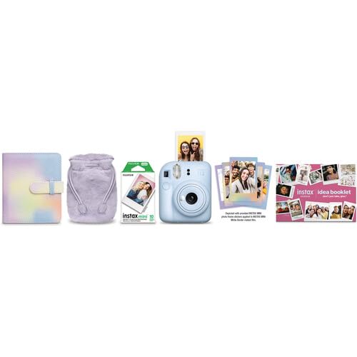 FujiFilm INSTAX Mini 12 Instant Camera (2024 Model) - Pastel Blue Holiday Bundle with 4 AA Batteries & Microfiber Cleaning Cloth | Perfect for Travel, Parties, and Memory Keeping