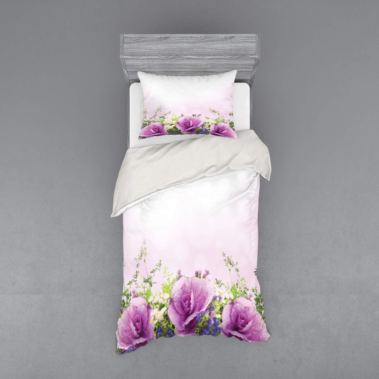 Ambesonne 3-Piece Floral Duvet Cover Set - Twin Size Lavender Green Spring Cabbage Flower Design with Shaded Color Romance - Includes Duvet Cover, Sham & Fitted Sheet - Perfect for Spring Bedroom Decor, Guest Room Makeover or Bohemian Style Home