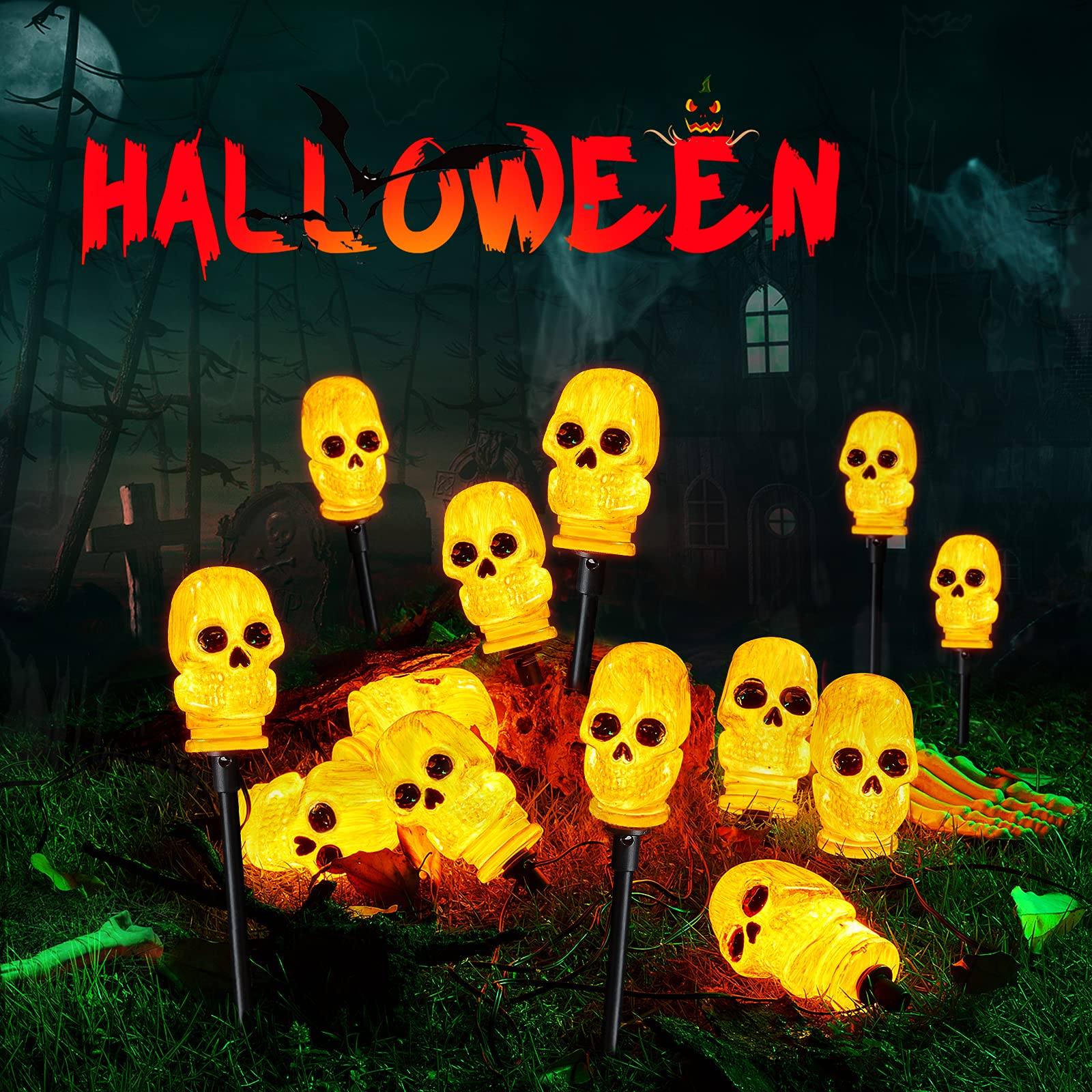 Upgraded 4 Pack 3D Skeleton Skull Halloween Pathway Lights with Timer - Waterproof Battery Operated Outdoor Decor for Garden, Patio, Yard - Perfect for Halloween Party, Trick or Treat, Spooky Home Décor