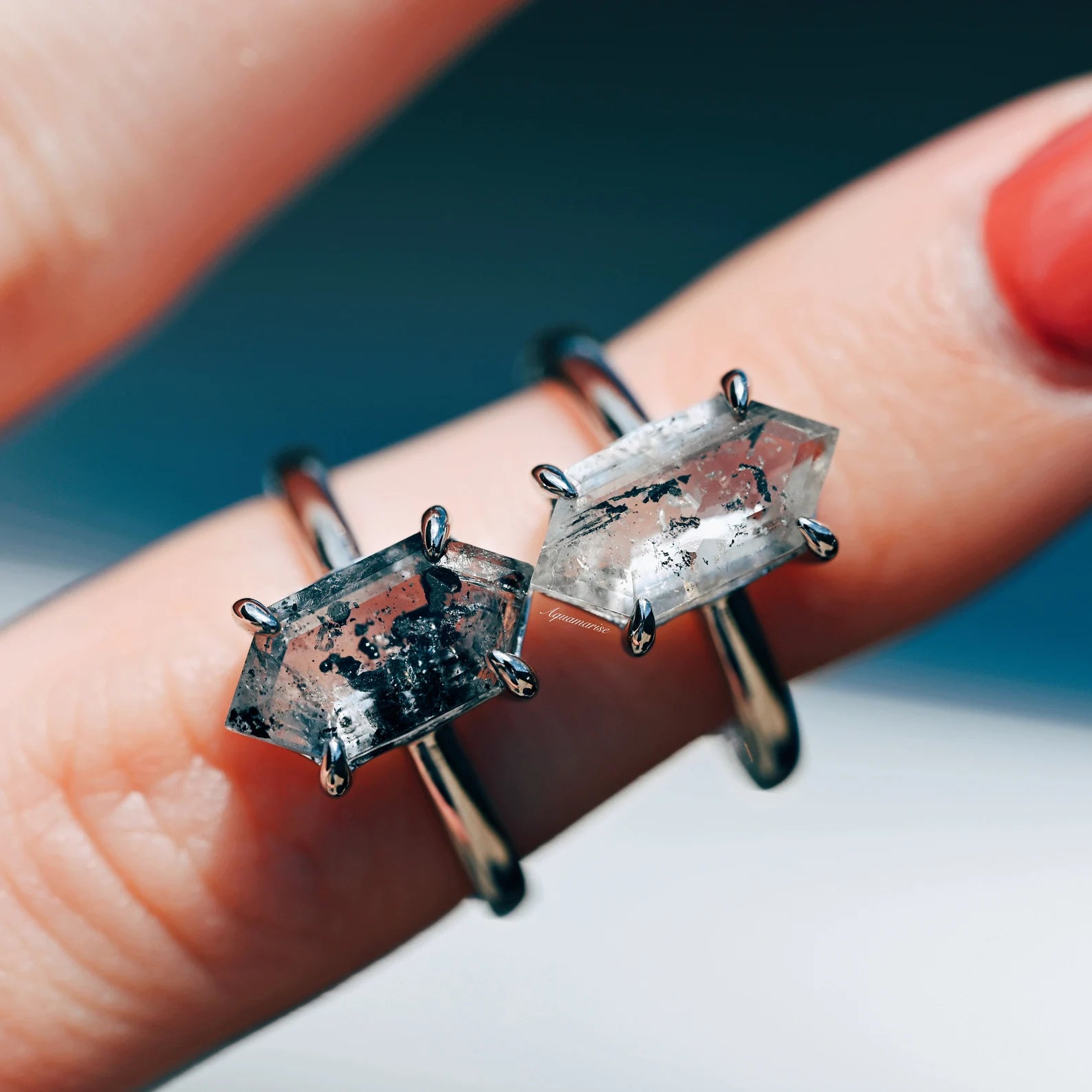 Hexagon Galaxy Raw Salt & Pepper Herkimer Diamond Ring - Sterling Silver Jewelry for Women, Unique Handmade Wedding Engagement Gift, Boho Hippie Style Accessory for Everyday Wear & Special Occasions