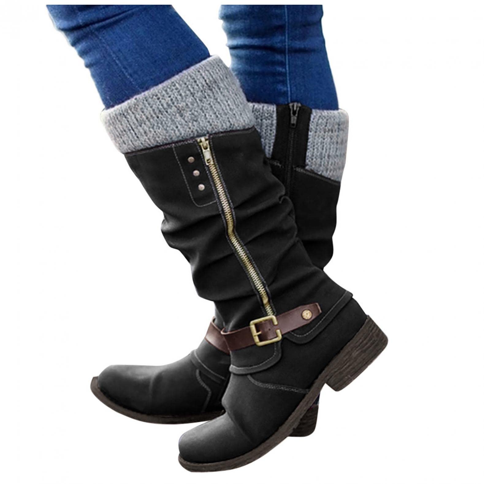 UOCUFY Women's Slip On Low Heel Pointed Toe Lace Up Boots - Winter Warm Chunky Heel Mid Calf Booties for Casual Outfits & Office Wear