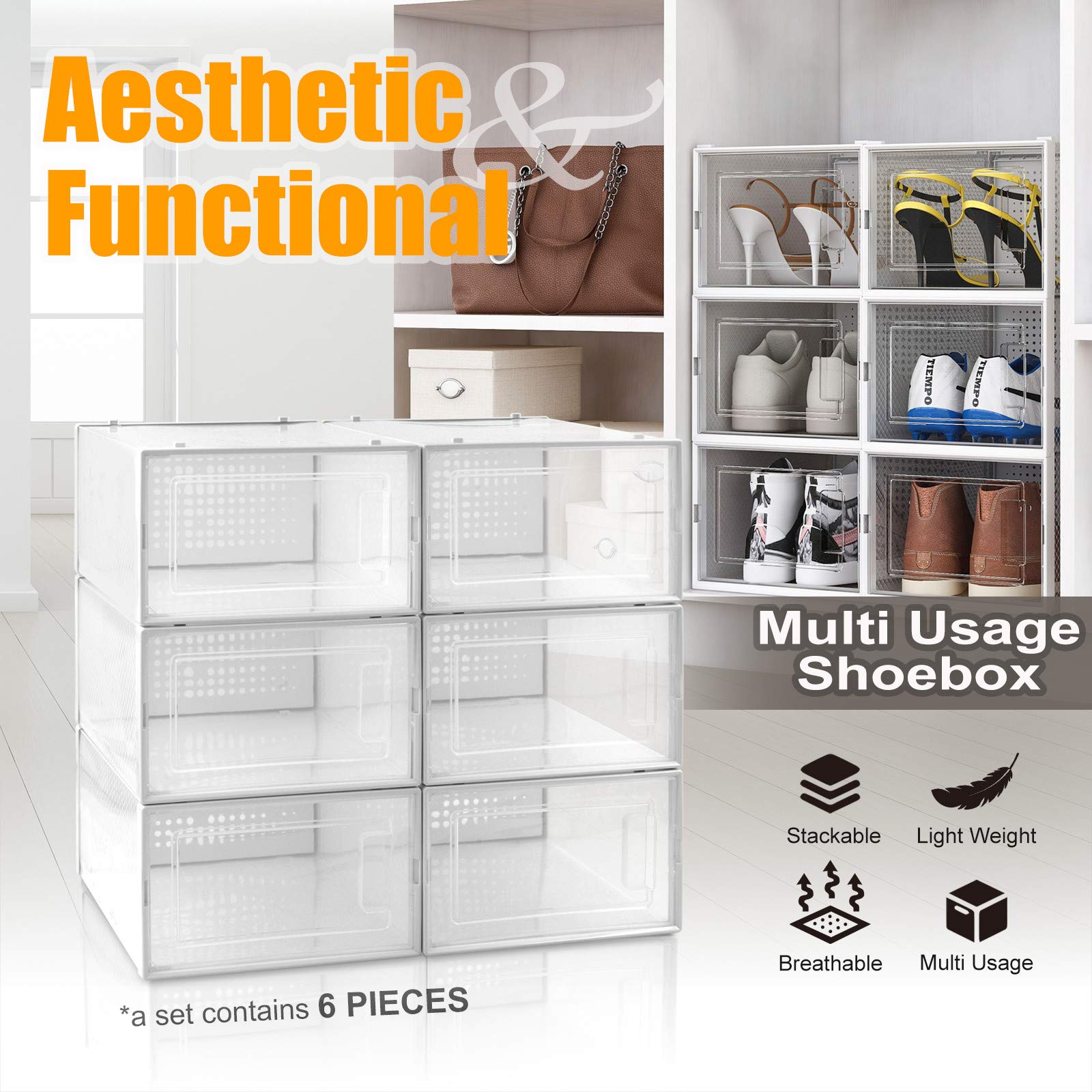 6-Tier Collapsible Stackable Shoe Organizer Rack - Clear Plastic Shoe Storage Cabinet for Closet & Entryway - Space Saving Shoe Boxes with Lids for Men, Women, Kids (Small/Medium/Large) - Perfect for Sneakers, Boots & Seasonal Shoe Organization
