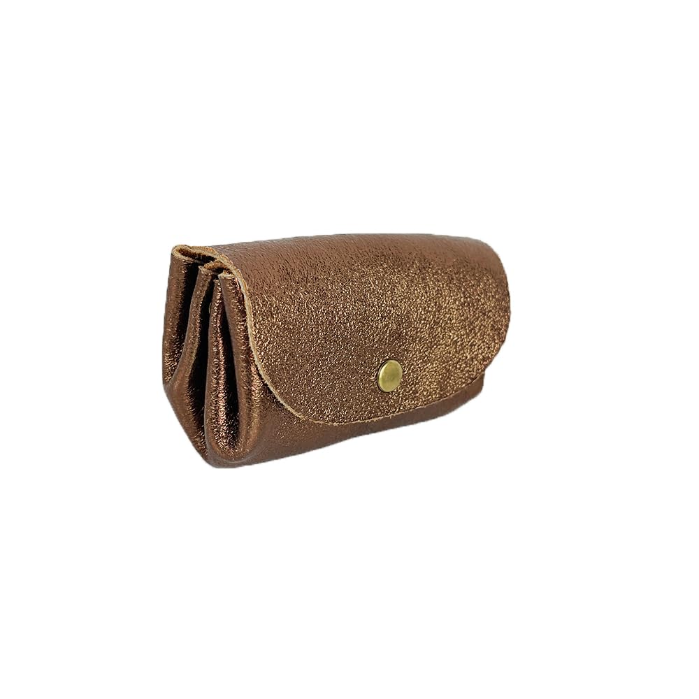Genuine Metallic Leather Mini Accordion Coin Purse with Double Compartment & 3 Pockets - Handmade in Italy - Bronze Wallet for Women | Perfect for Organizing Coins, Cards & Cash On-the-Go