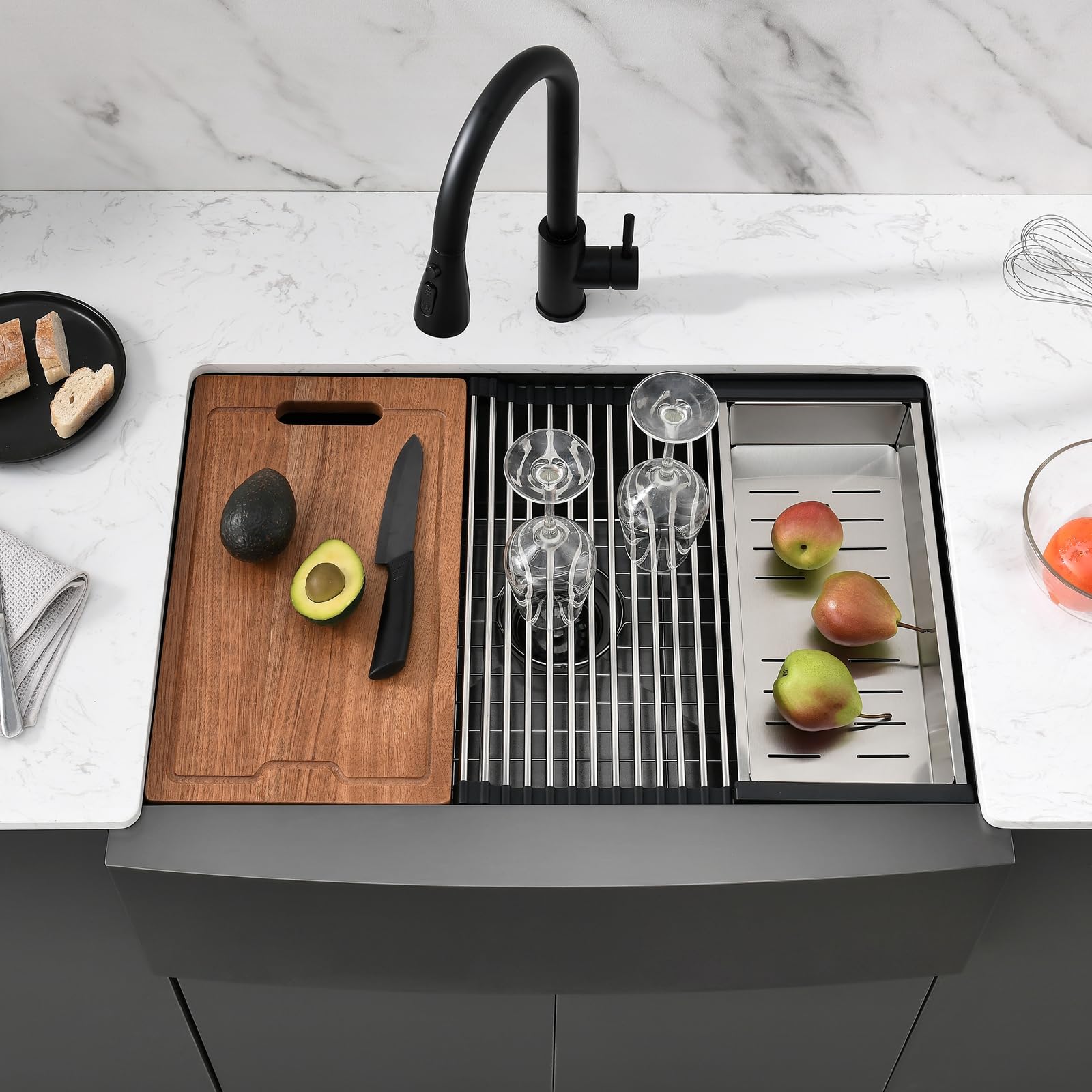 PEPO 33-Inch Gunmetal Black Farmhouse Undermount Kitchen Sink - 16 Gauge Stainless Steel Single Bowl with Accessories Kit - Perfect for Modern Farmhouse Kitchens & Restaurant Prep Stations