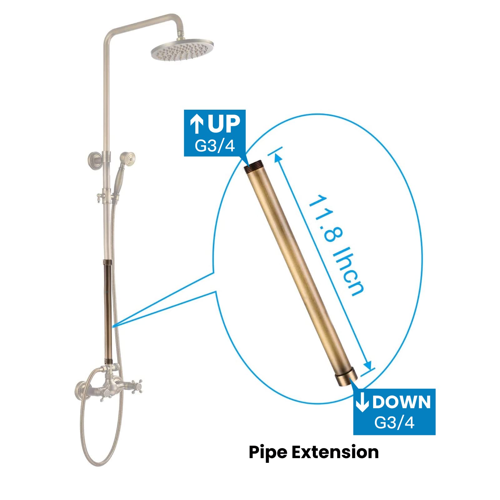 Gotonovo 8 Inch Antique Brass Rainfall Showerhead - Wall Mounted 2 Cross Handle Shower Fixture with G3/4 Extension Tube & Adjustable Shower Arm - Perfect for Vintage Bathroom Renovation & Spa-Like Shower Experience