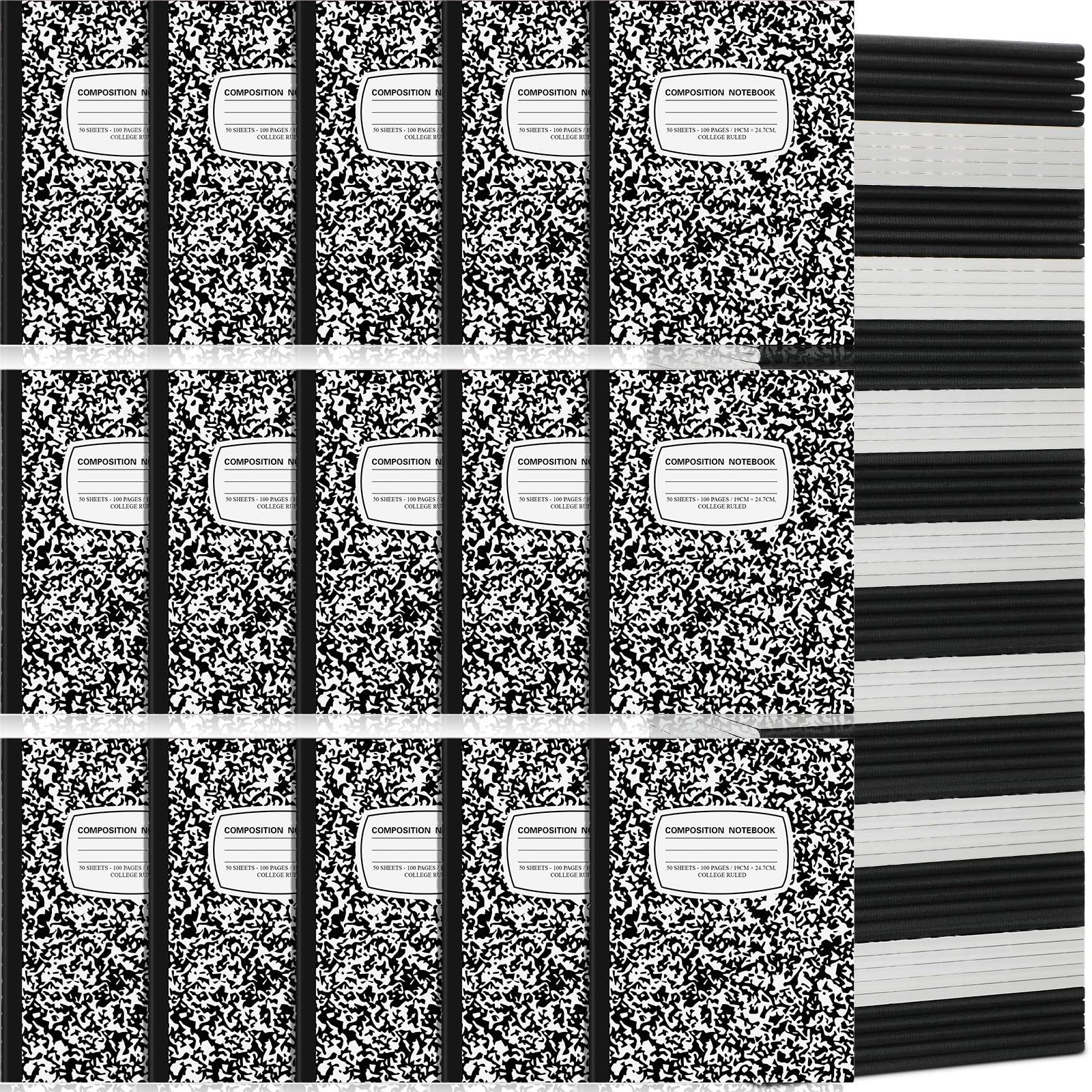 Fainne 60 Pack B5 Composition Notebooks Bulk - 7.5 x 9.75 Inch College Ruled Notebooks, 50 Pages (100 Sheets) with Marble Covers - Perfect for School, Classroom, Office & Journaling (Black)