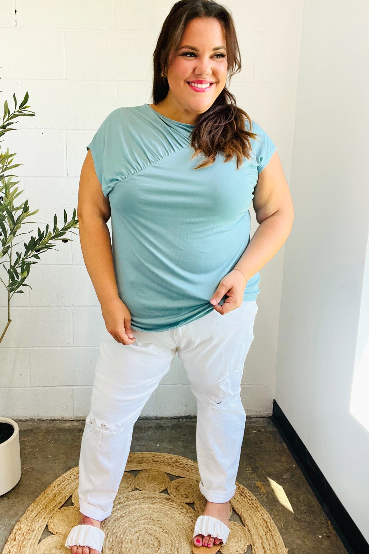 Stylish Aqua Blue Asymmetrical Ruffle Drop Shoulder Modal Blouse for Women | Comfortable & Breathable Summer Top | Perfect for Casual Outings, Beach Vacations & Date Nights