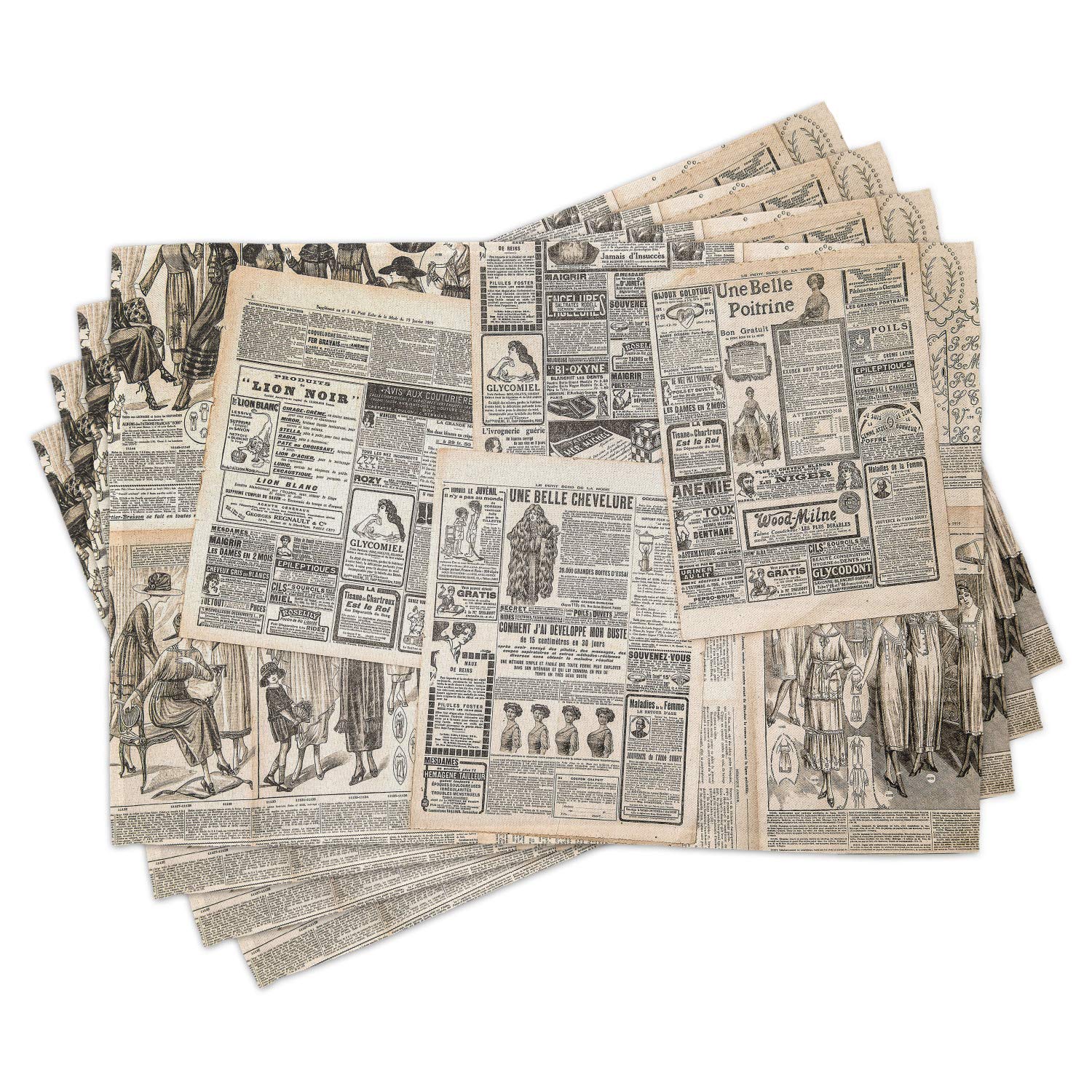Lunarable Retro Place Mats Set of 4 - Vintage French Newspaper Design Washable Fabric Placemats for Dining Table & Kitchen Decor in Cream, Tan & Taupe | Perfect for Dinner Parties, Holiday Gatherings & Everyday Use