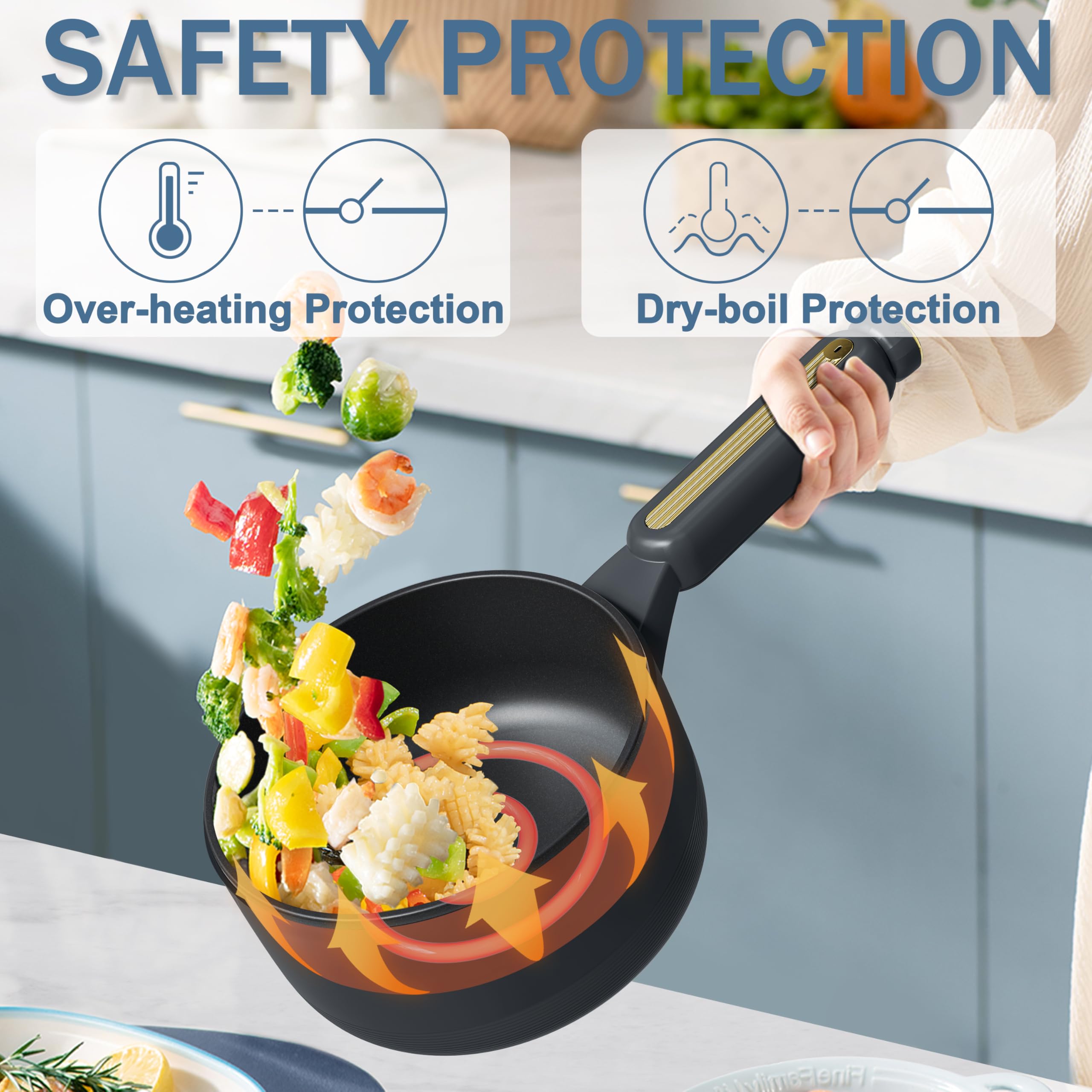 TOPWIT 2L Electric Hot Pot with Non-Stick Coating - Dual Power Control Portable Cooker for Steak, Eggs, Fried Rice, Ramen & Soup - Includes Silicone Spatula (Grey) | Perfect for Dorm Rooms, Office Lunches, Camping & Small Kitchen Cooking