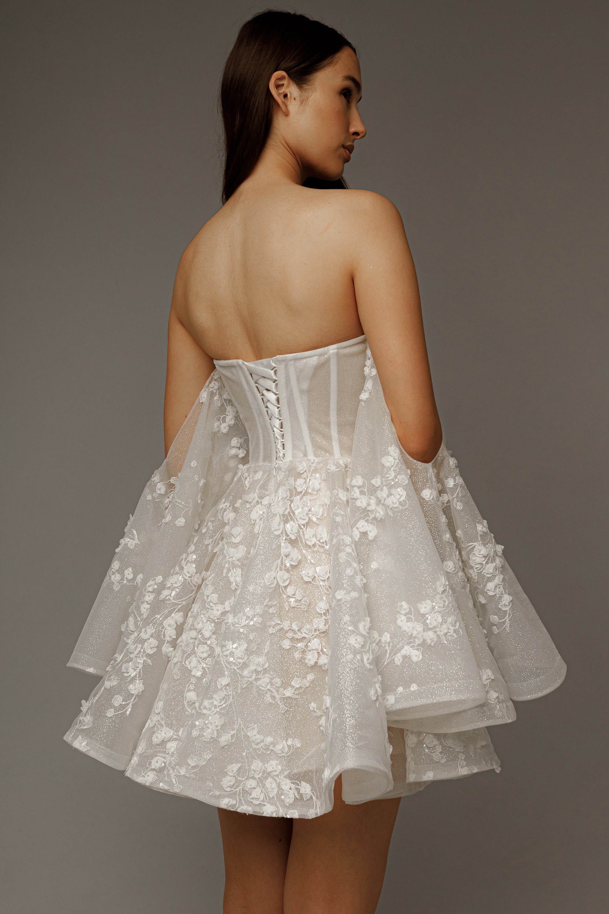 Elegant Short Floral Lace Wedding Dress - Moonlit Siren Bridal Gown for Beach Weddings & Vow Renewals