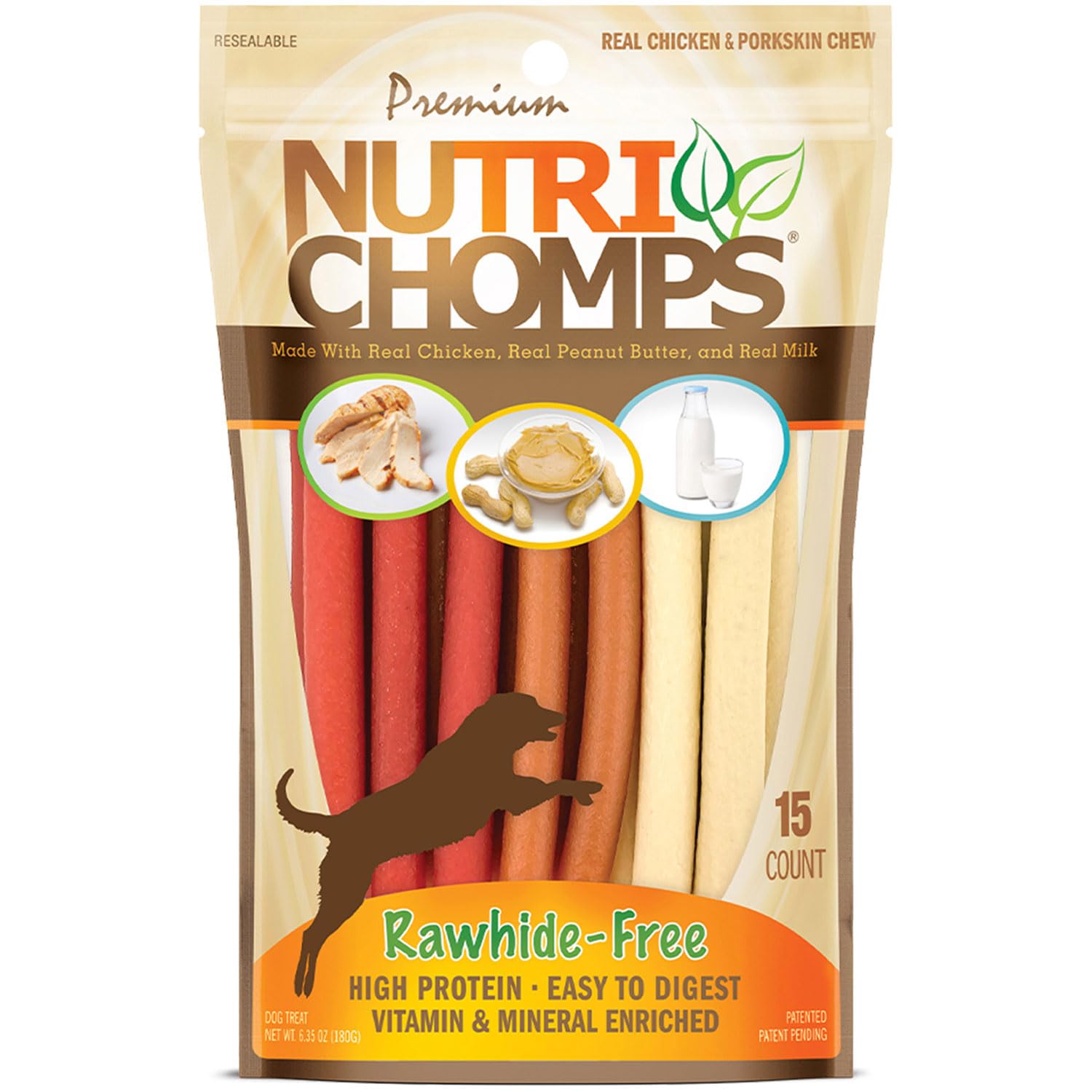 Nutri Chomps Dog Chews - 5-inch Rawhide-Free Twists with Real Chicken, Peanut Butter & Milk Flavors - Easy to Digest Dog Treats (15 Count) - Perfect for Training, Teething & Dental Health