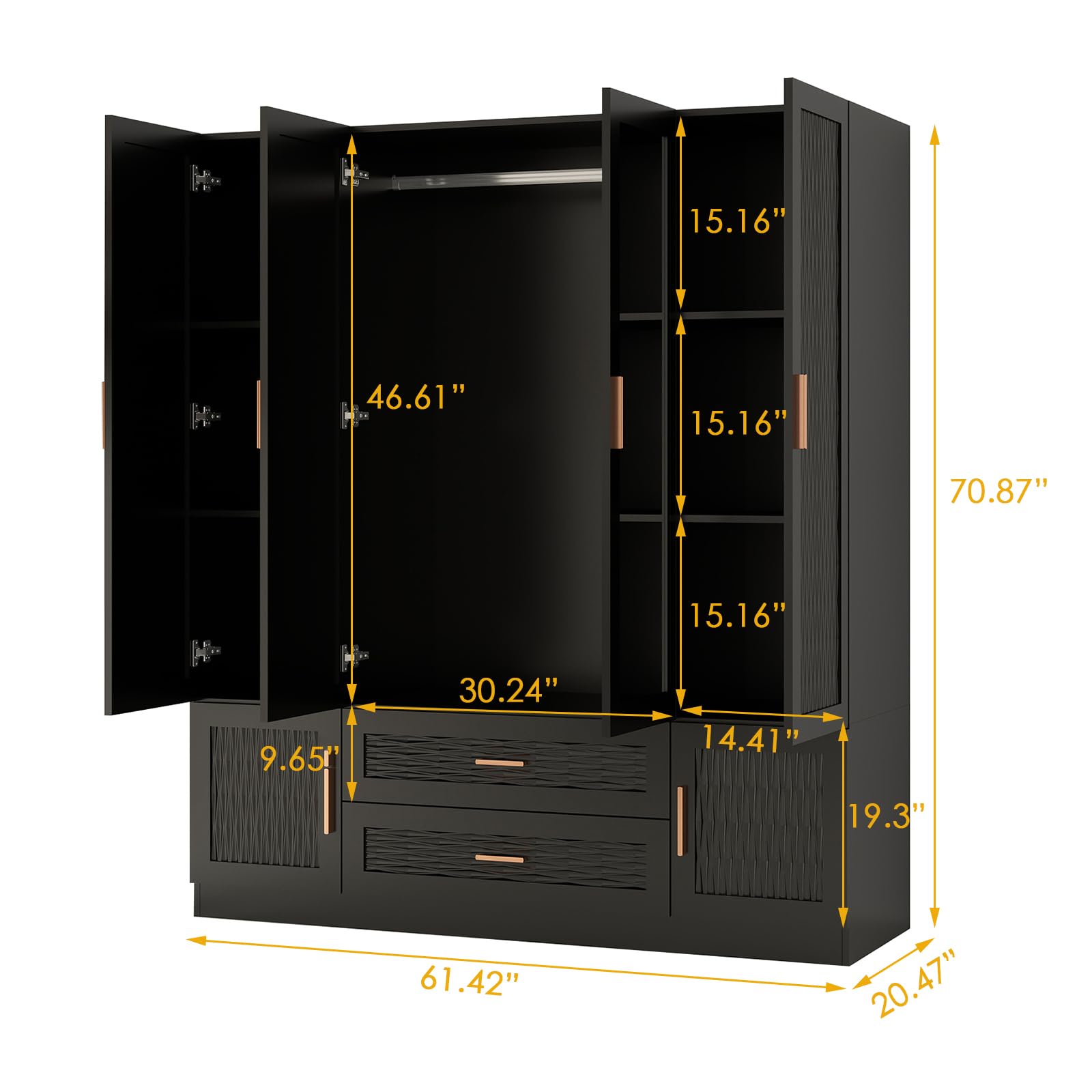 Large Black Wooden Armoire Wardrobe Closet - 4 Doors, 2 Drawers with Mirror, Hanging Rods & Shelves | Spacious Tall Cabinet for Bedroom Storage & Organization | Perfect for Master Bedroom, Guest Room or Walk-in Closet