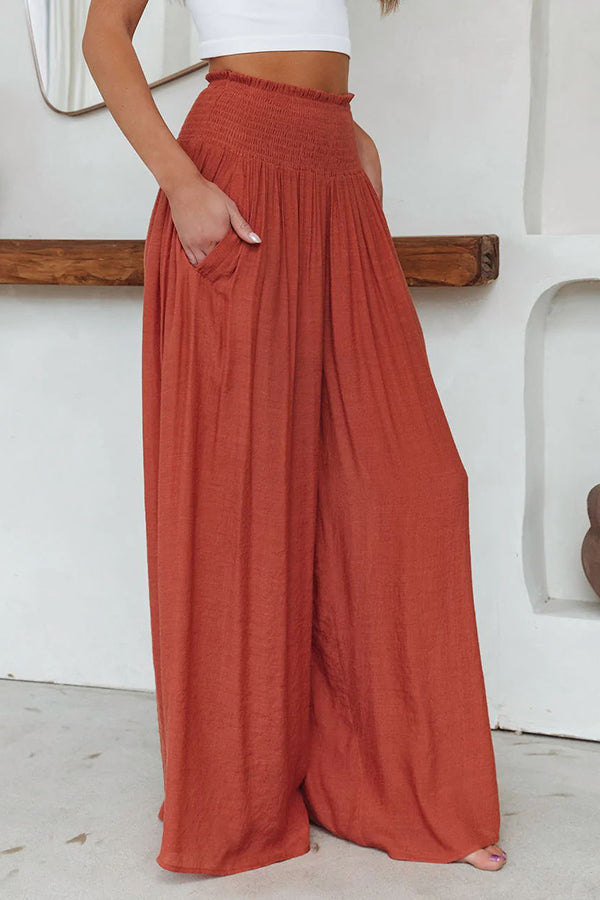 Stylish Travel Halfway Smocked Pocketed Wide Leg Pants for Women - Comfortable & Flowy Vacation Outfit for Beach, Cruise & Summer Getaways