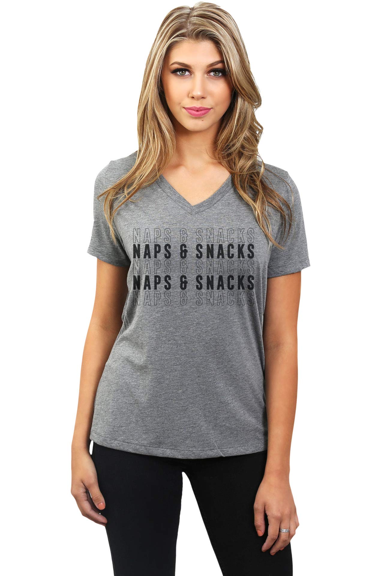 Thread Tank Naps and Snacks Women's Casual V-Neck T-Shirt - Soft Relaxed Fit Tee for Lounge, Sleepwear & Everyday Wear