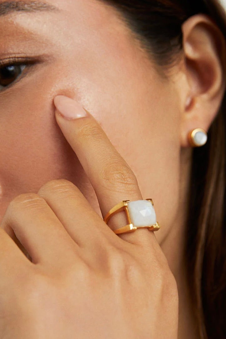 Rainbow Moonstone Mini Plaza Ring – Elegant Stackable Dainty Jewelry for Women, Perfect for Everyday Wear, Gift Giving & Special Occasions