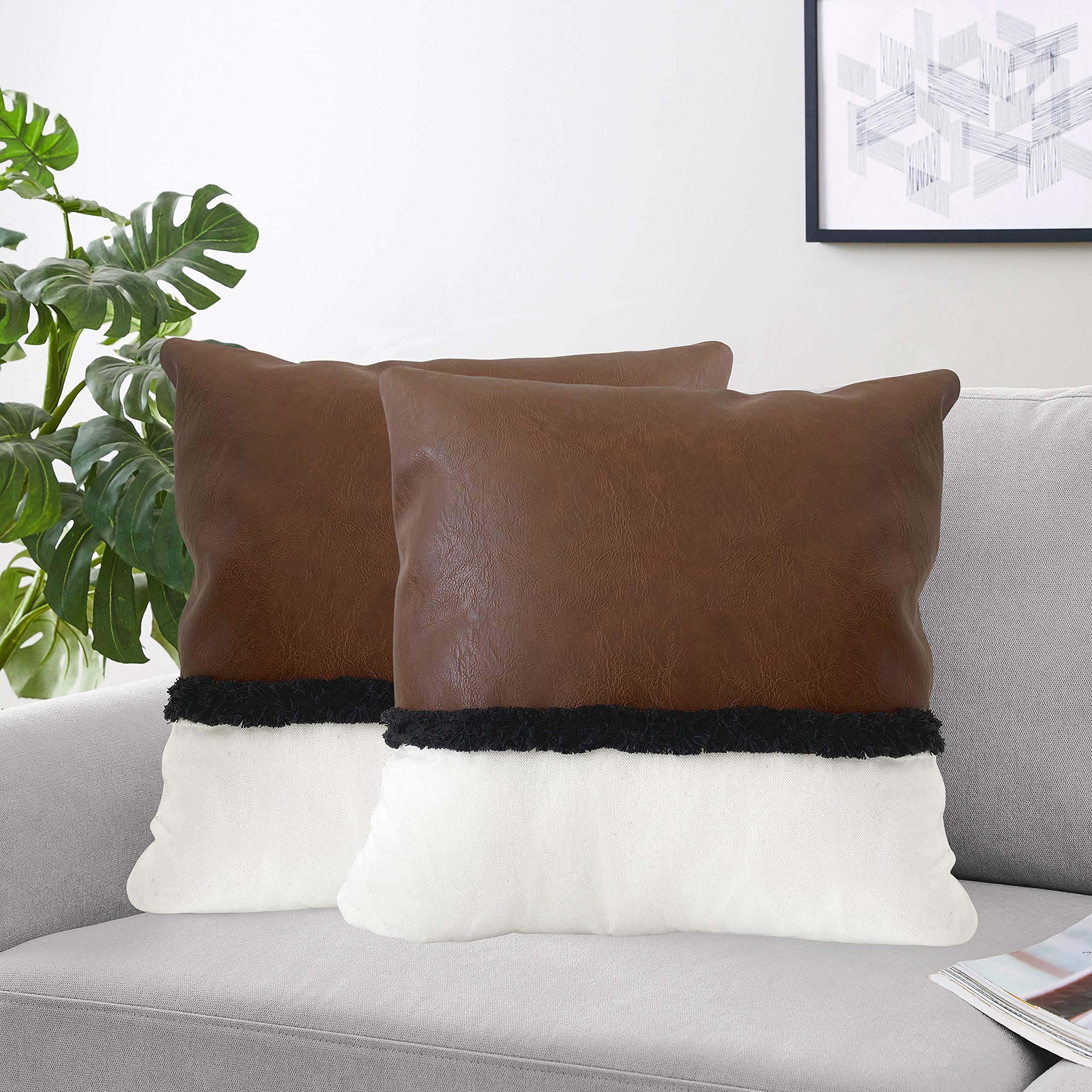 Boho Faux Leather Tufted Square Throw Pillow Covers Set of 2 - 18x18 Inches in Brown, Cream, Beige, Ivory & Black - Bohemian Farmhouse Decor for Couch, Bedroom & Living Room - Perfect for Rustic, Modern & Eclectic Home Styling