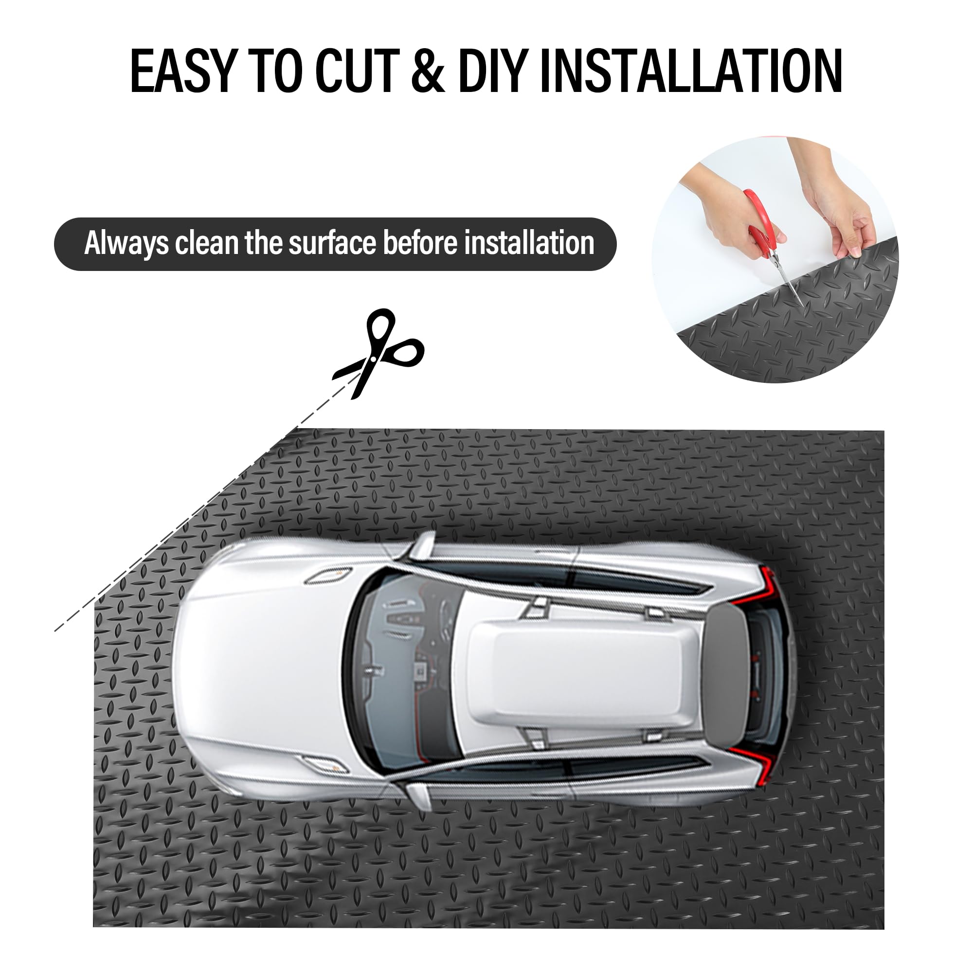 7.5 x 17 FT Heavy Duty PVC Garage Floor Mat Roll - Diamond Plate Pattern, 2.4mm Thickness, Waterproof Parking Mat for Garage, Workshop & Driveway Protection - Black