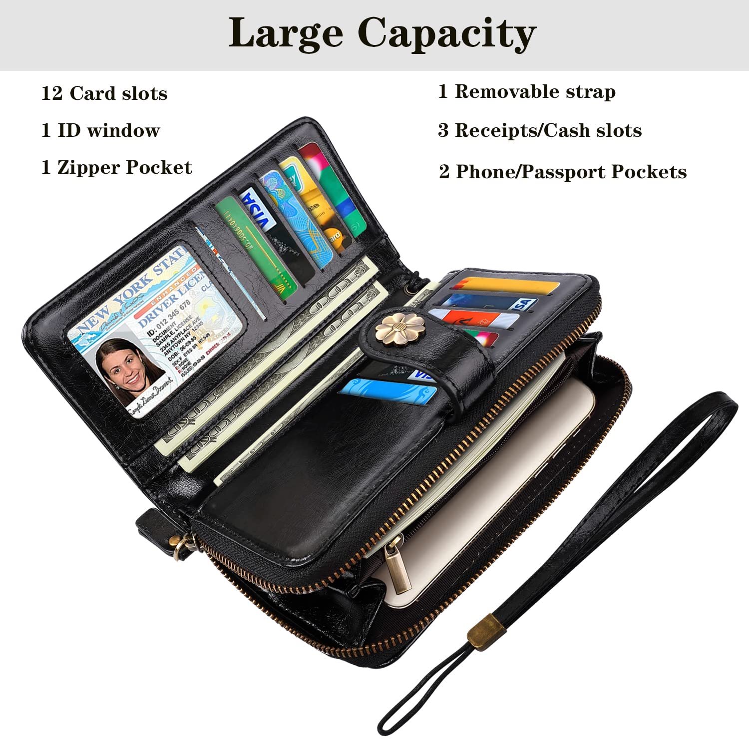 Women's RFID Blocking Leather Wallet with Multi Card Slots & Wrist Strap - Slim Clutch Purse Organizer for Credit Cards, Cash & ID - Perfect for Travel, Shopping & Everyday Use