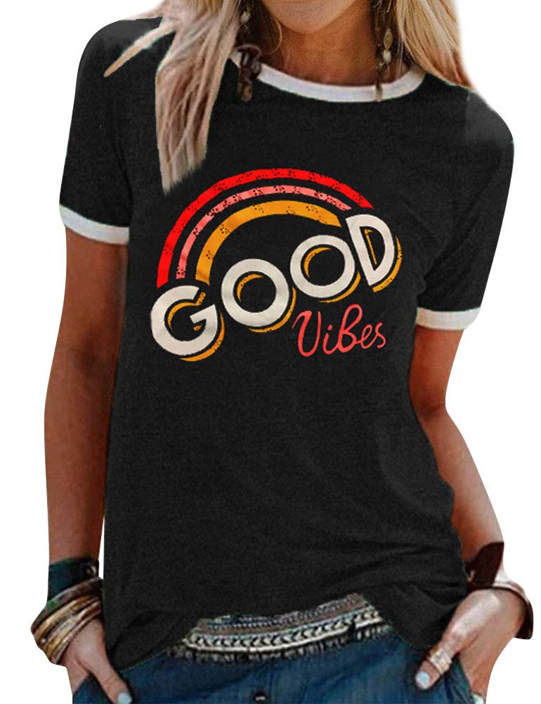 Women's Good Vibes Rainbow Graphic Short Sleeve T-Shirt - Casual Summer Top for Beach, Music Festivals & Everyday Wear