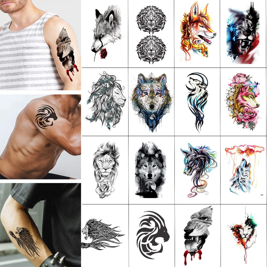 Waterproof Temporary Tattoo Set - Lion & Fox Design Combo Pack of 16 - Perfect for Parties, Halloween Costumes, and Body Art Enthusiasts