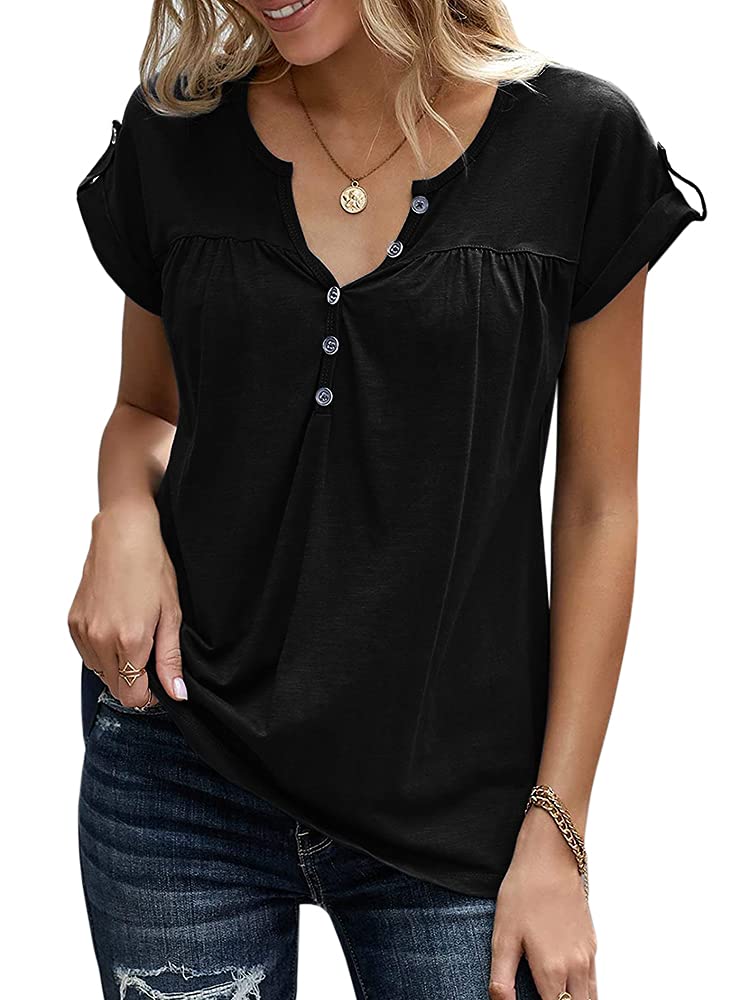 Women's V-Neck Button-Up Short Sleeve Henley T-Shirts - Summer Casual Loose Fit Rolled Sleeve Blouse for Everyday Wear & Outdoor Activities
