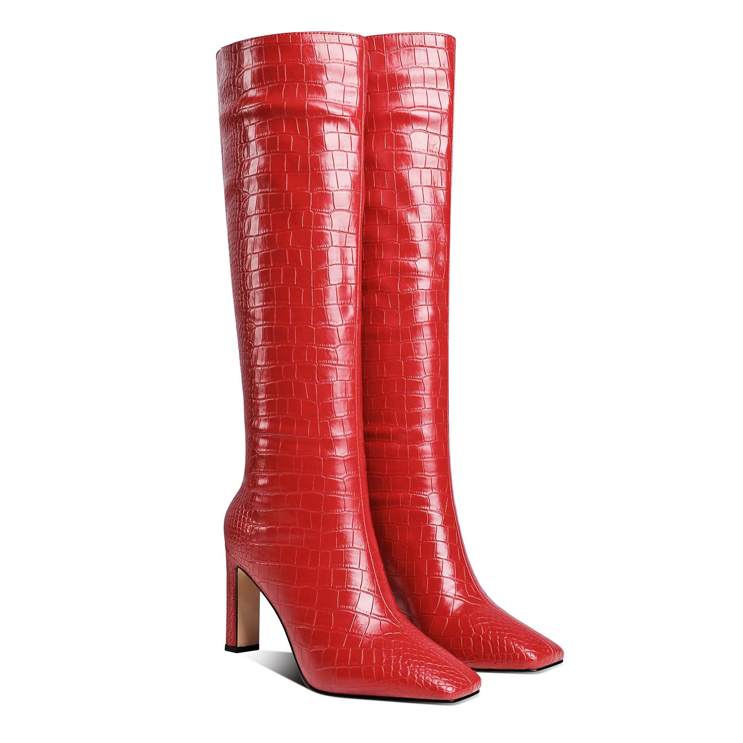 LEHOOR Women's Knee High Chunky Heel Boots - Matte Leather Square Toe Slip On Dress Boots for Women US Size 4-11 | Stylish & Comfortable High Heel Booties for Party, Office & Night Out