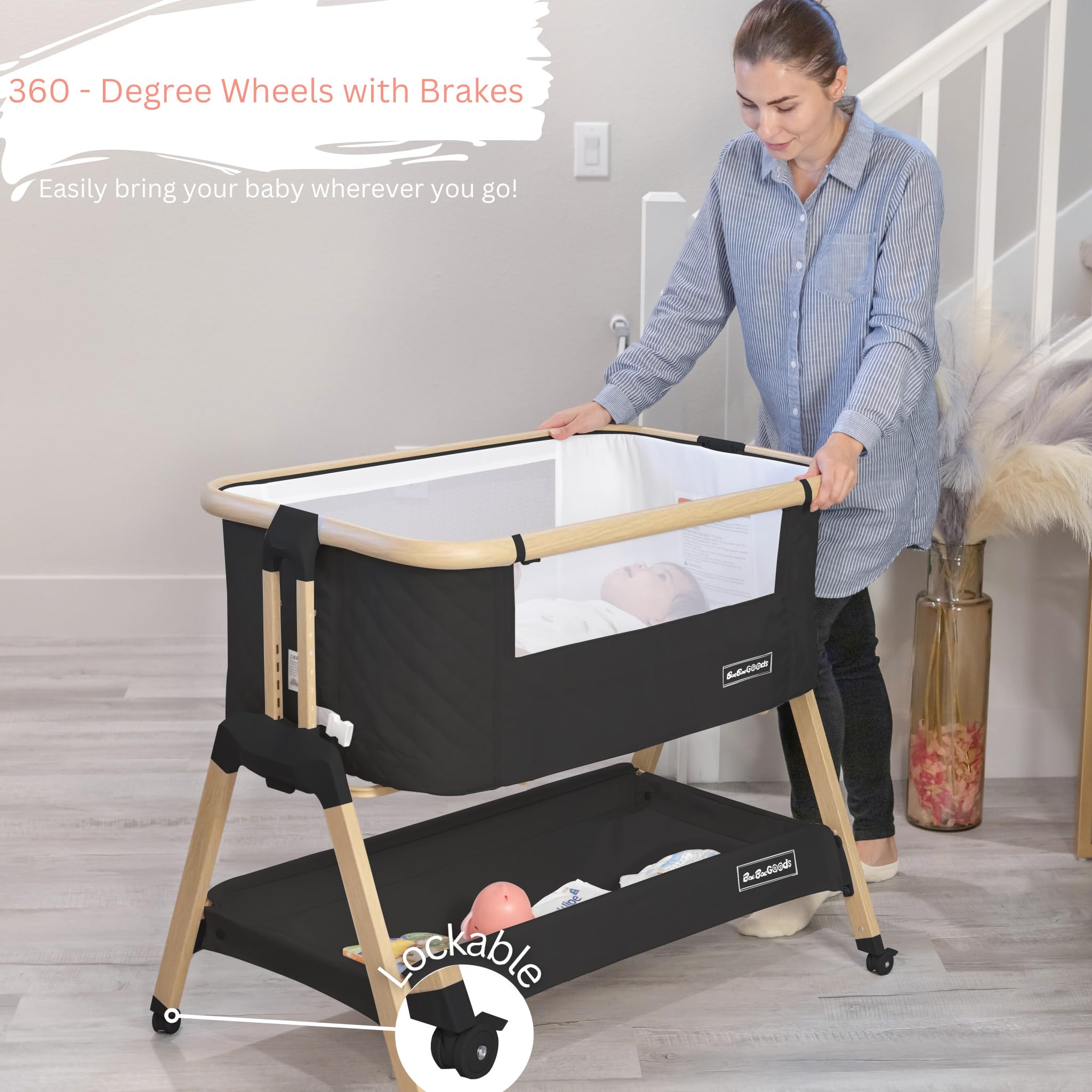3 in 1 Portable Baby Bassinet with Wheels - Adjustable Bedside Sleeper Crib for Newborns & Infants, 7 Height Settings with Comfort Foam Mattress, Storage Basket & Carry Bag Included - Perfect for Nursery, Bedroom & Travel