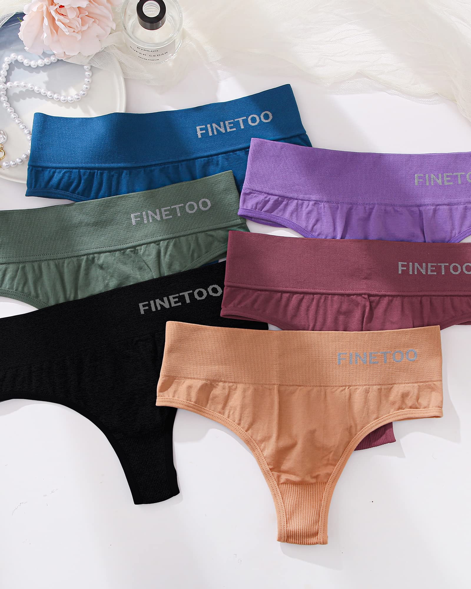 FINETOO 6 Pack High Waisted Thongs for Women - Nylon Spandex Underwear, Breathable & Stretchy Soft Panties, High Rise S-XL - Perfect for Yoga, Workout & Everyday Comfort