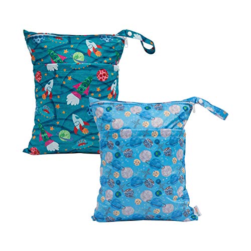 ALVABABY 2-Pack Reusable Waterproof Wet/Dry Bags with Dual Zippered Pockets - Perfect for Diapers, Travel, Beach, Pool, Daycare & Gym - Machine Washable Cloth Storage for Baby Items, Yoga Clothes & Wet Towels (L-H288304)
