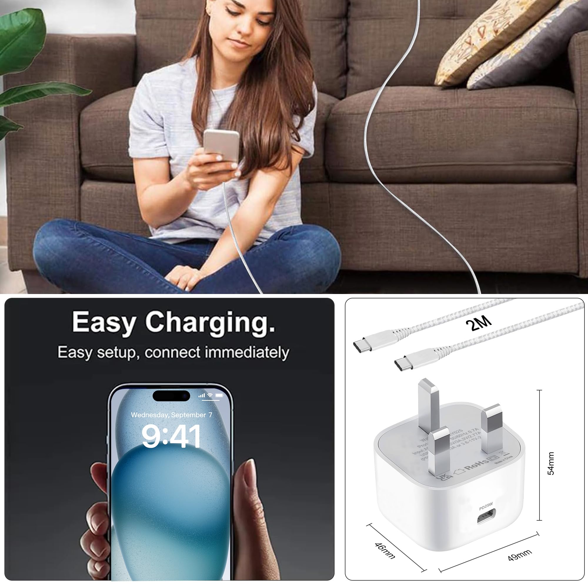 25W Super Fast Charger Plug & USB-C Cable for Samsung Galaxy A35/A16 5G/A26 5G/A36 5G/A56/S24/S24+/S25 Ultra/S23 FE/S22/S21/S20/A15/A25/A13/A22/A51/A04S & iPhone 16/15/14/13/12 Series - Quick Charge Adapter for Home, Office & Travel