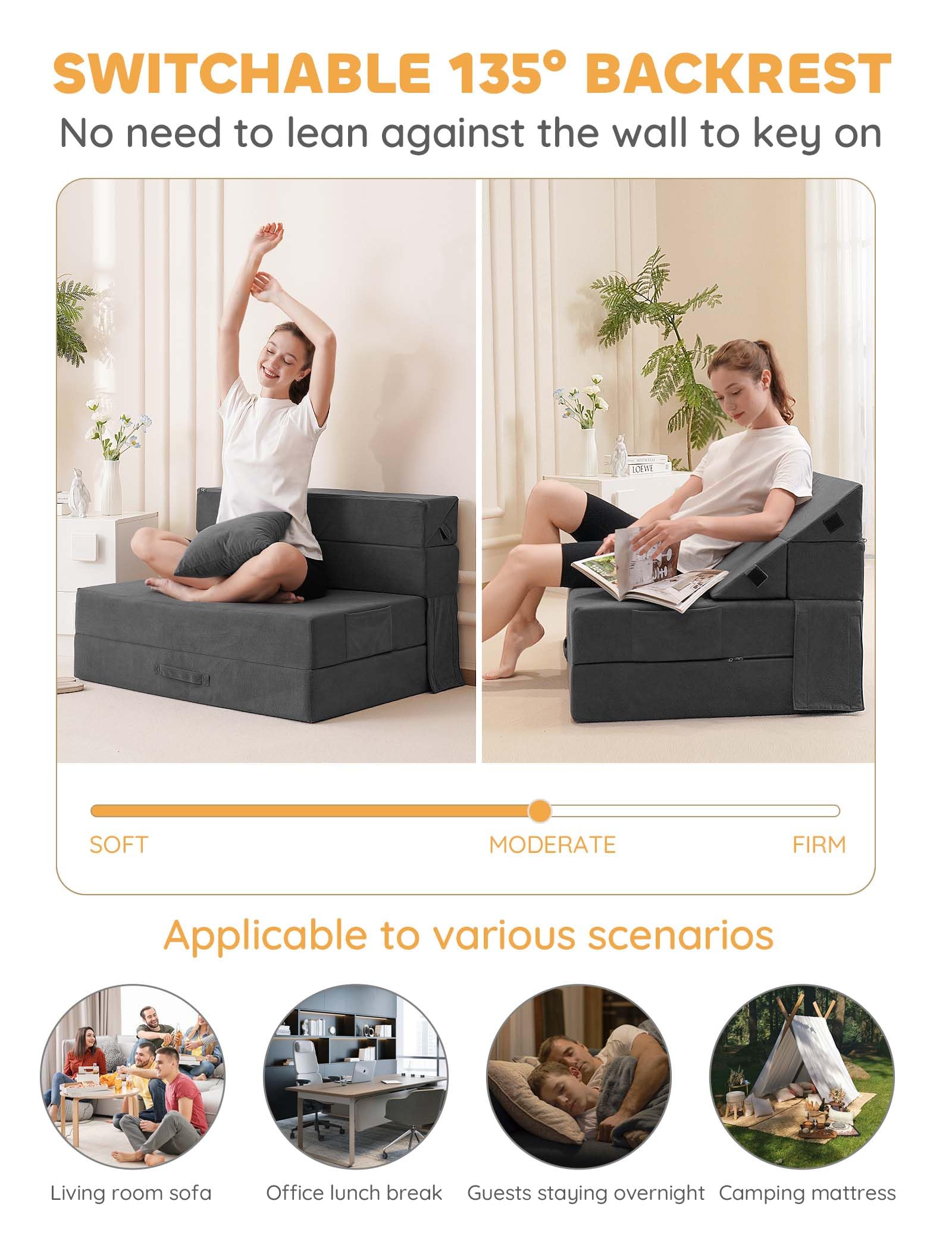 Convertible Folding Sofa Bed - Comfortable Sleeper Chair with Sturdy Back Support, Storage Pocket & Removable Pillow | Durable Fabric & Space-Saving Design for Small Apartments, Guest Rooms, Dorm Rooms | Perfect for Napping, Yoga, Reading & Relaxing (Grey)