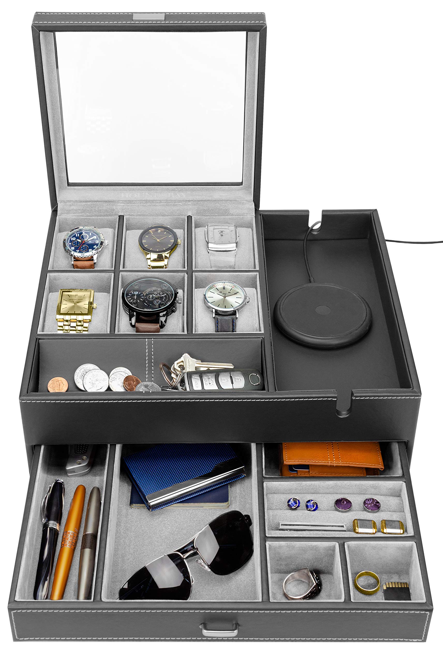 HOUNDSBAY Men's Watch Box & Jewelry Organizer - Display Case & Valet Tray for Nightstand