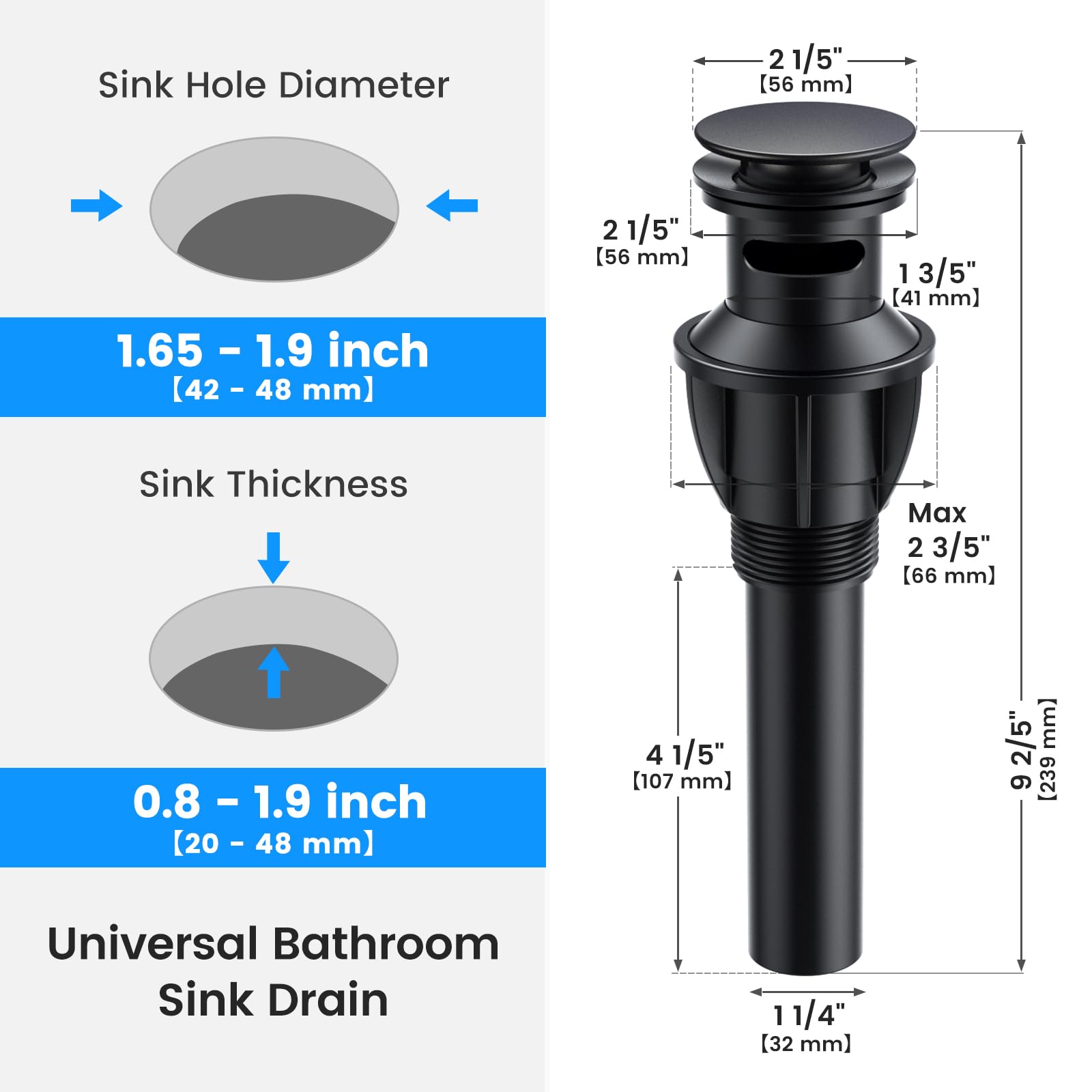 Matte Black Bathroom Sink Drain with Overflow - Anti-Clog Hair Catcher for Vanity Vessel Sinks